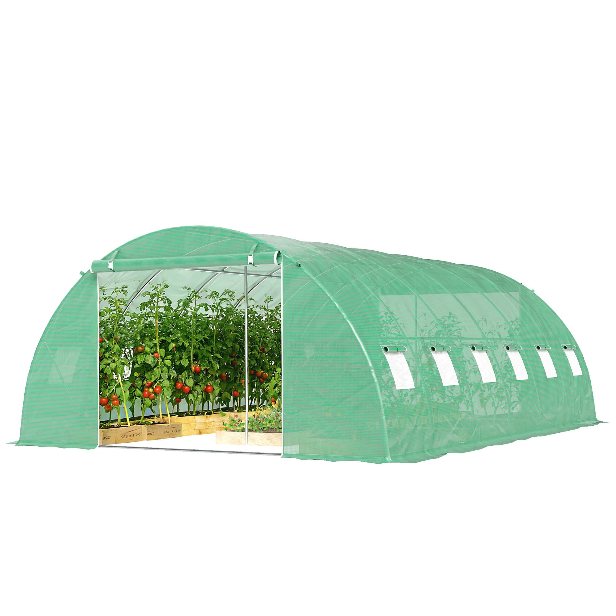 Outsunny Serre Tunnel avec 2 Barres de Support, 2 Portes Roulantes et 12 Fenêtres en Maille, Serre de Jardin avec Couverture en PE, Vert