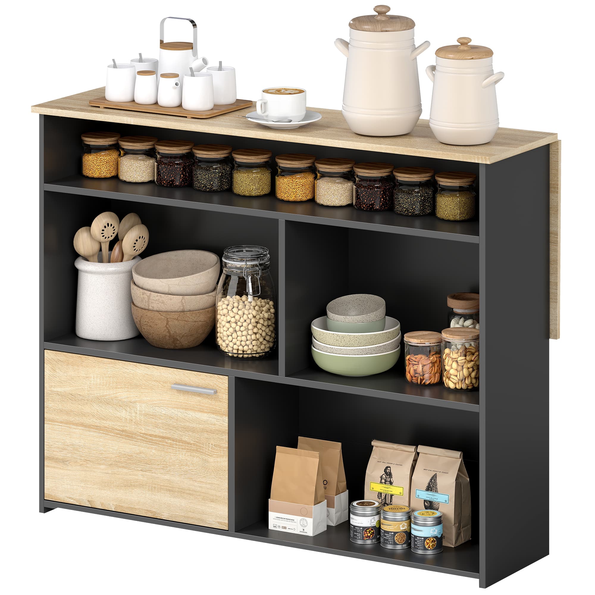 HOMCOM Table de bar extensible avec abattant, table haute cuisine, 1 placard et 4 compartiments ouverts, 116x79,6x90,5cm, noir
