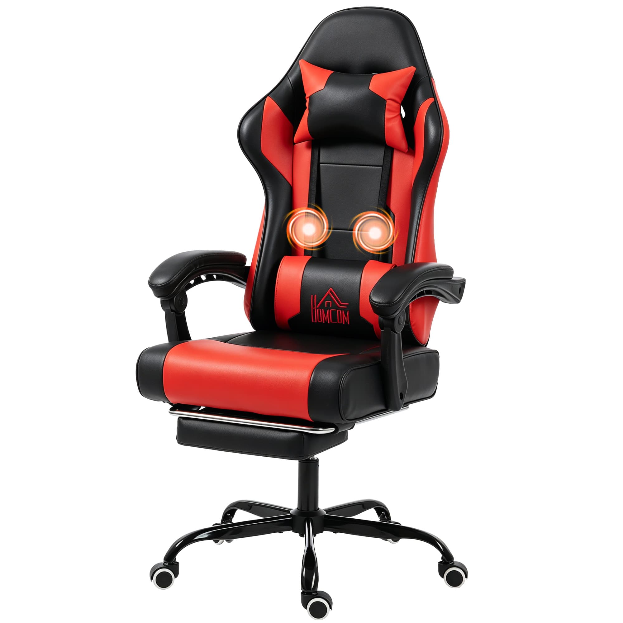 HOMCOM Chaise Gamer avec Massage Lombaire Vibrant Inclinable 155° Hauteur Réglable Appui-tête et Repose-pieds Rétractable Rouge