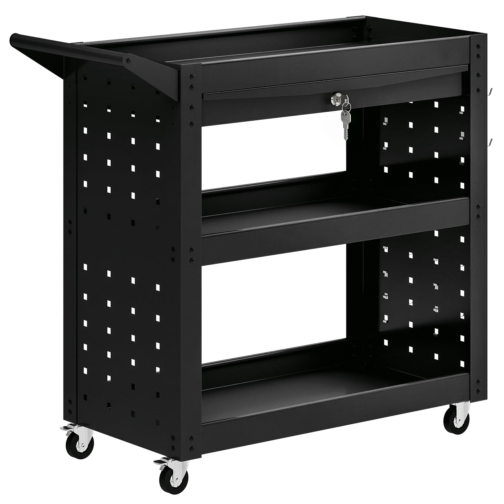 HOMCOM Chariot d'outils avec roulettes verrouillables, chariot d'atelier roulant à 3 niveaux, tiroir et panneaux perforés, Noir