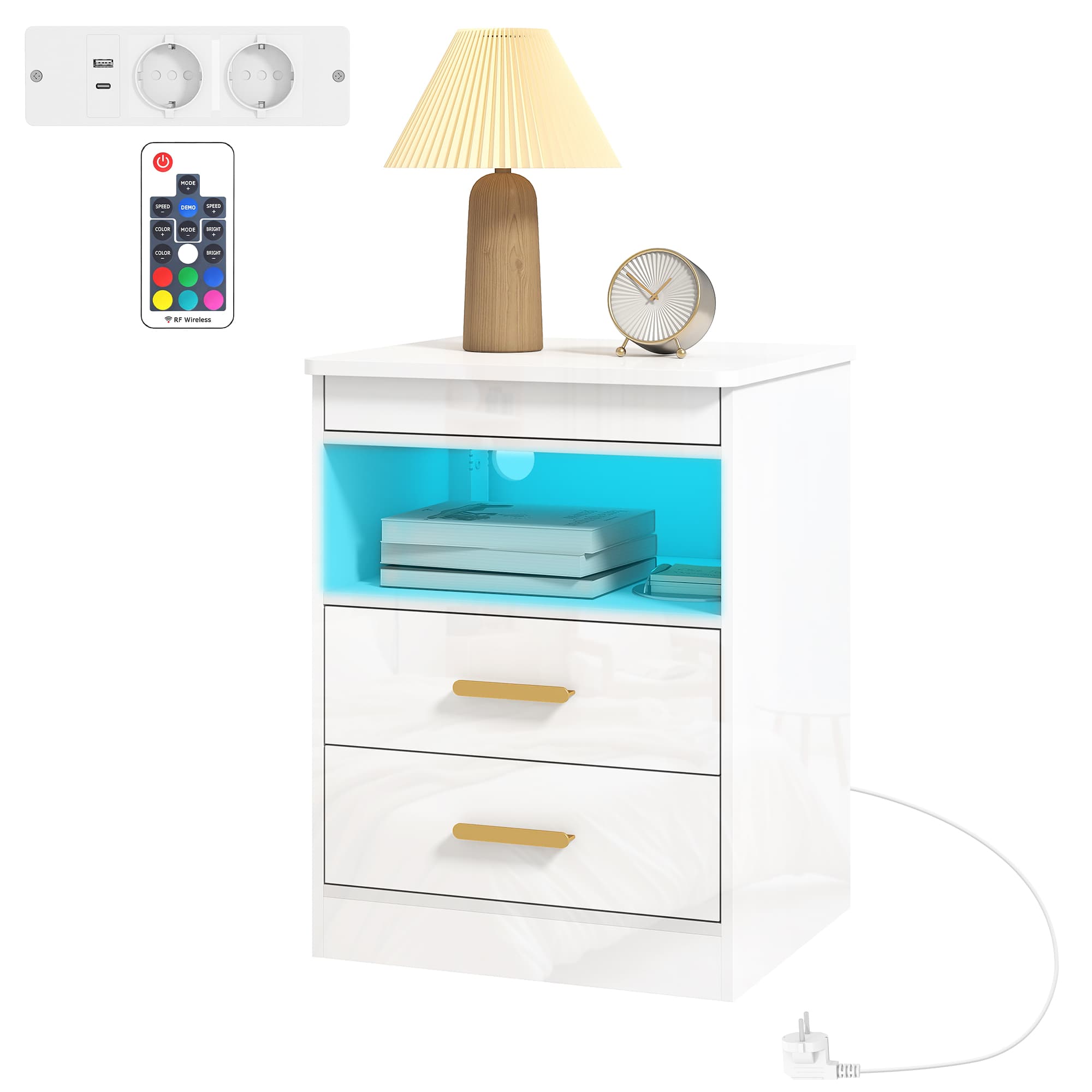 HOMCOM Table de chevet moderne, table d'appoint avec station de charge et éclairage LED RGB, laqué blanc