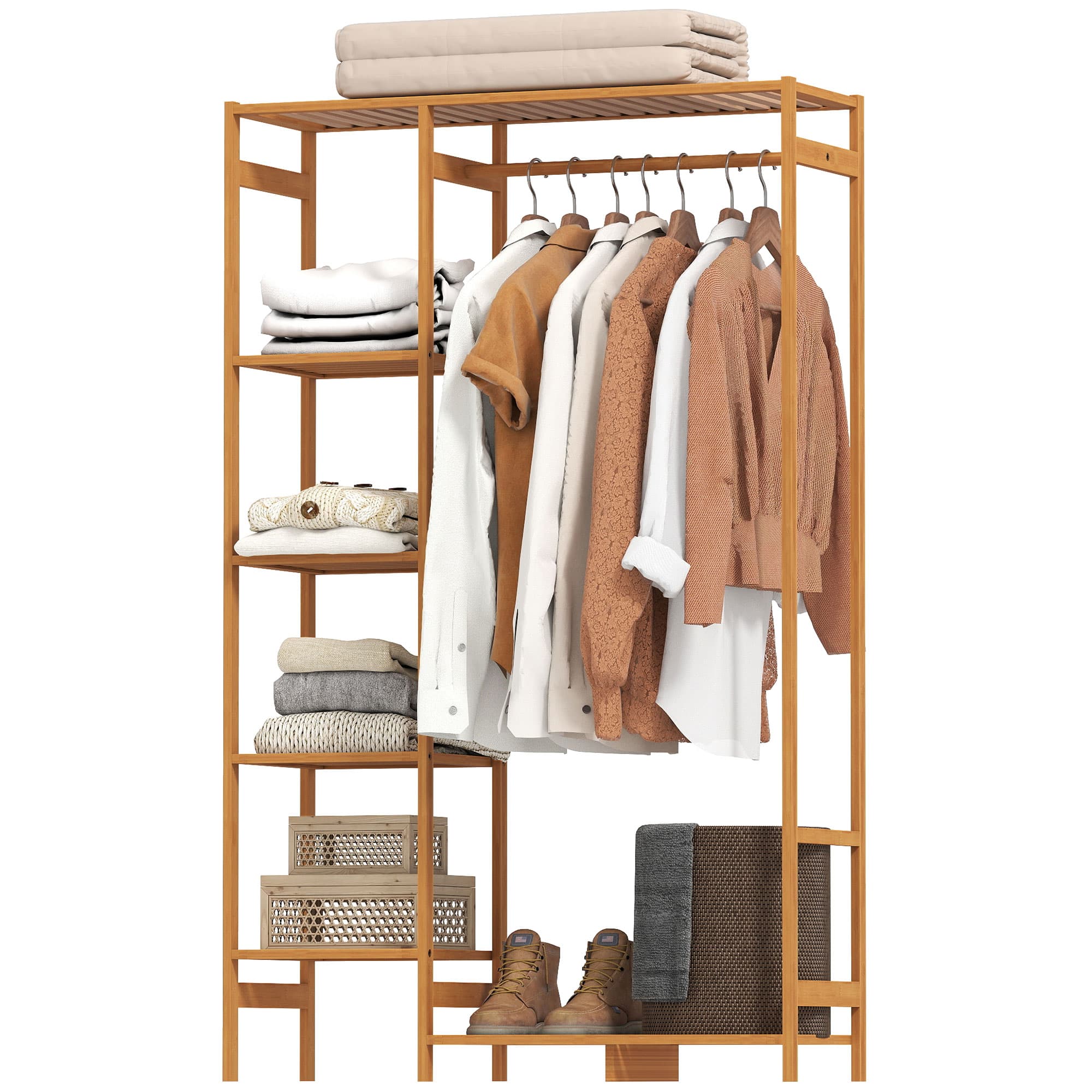 HOMCOM Portant à vêtements en bambou avec étagère de rangement à 6 niveaux et tringle de suspension, 90x30x145cm, bois naturel