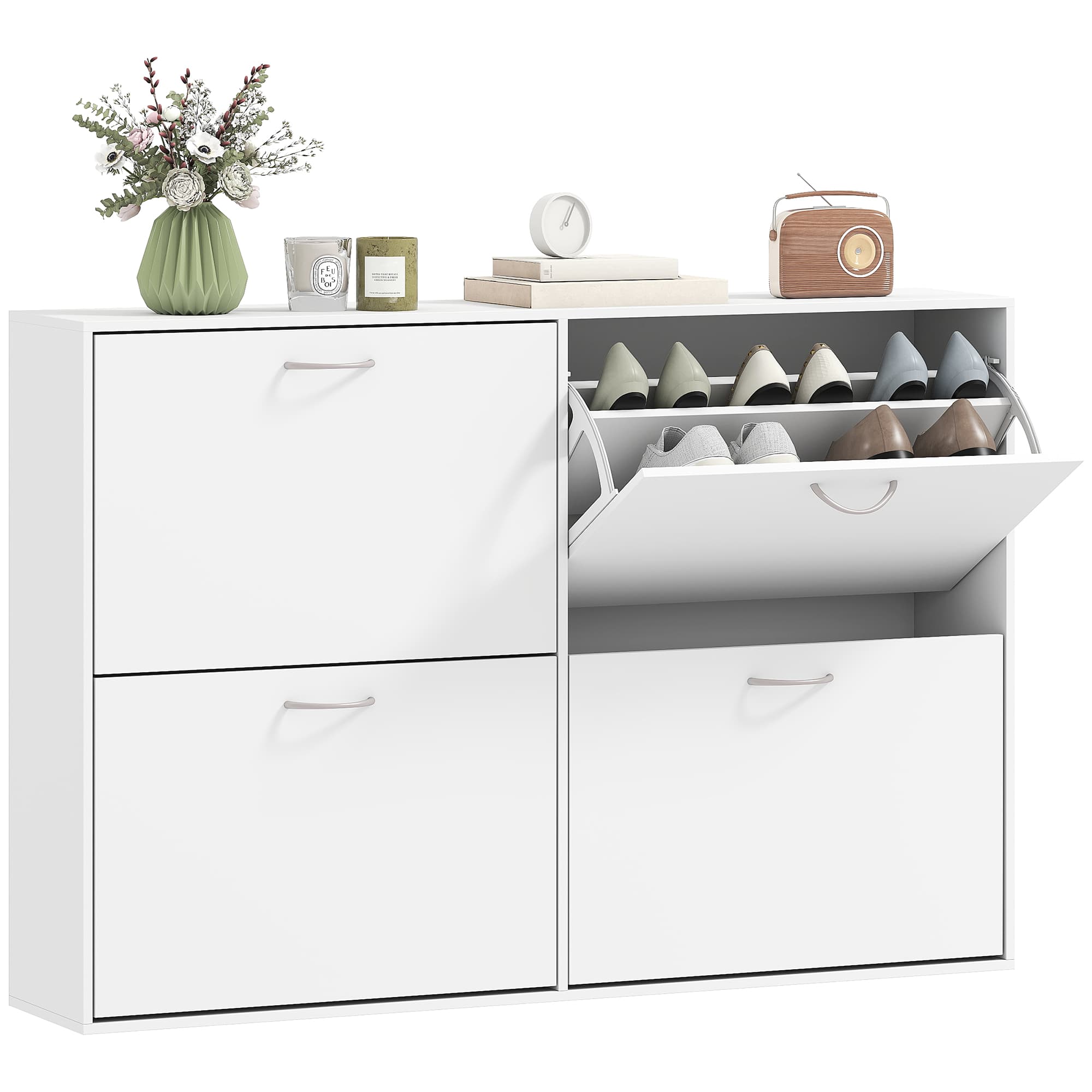HOMCOM Armoire à Chaussures Meuble à Chaussures Grande Taille dim. 120L x 24l x 81H cm 4 Portes abattantes Double Niveau Panneaux Particules Blanc