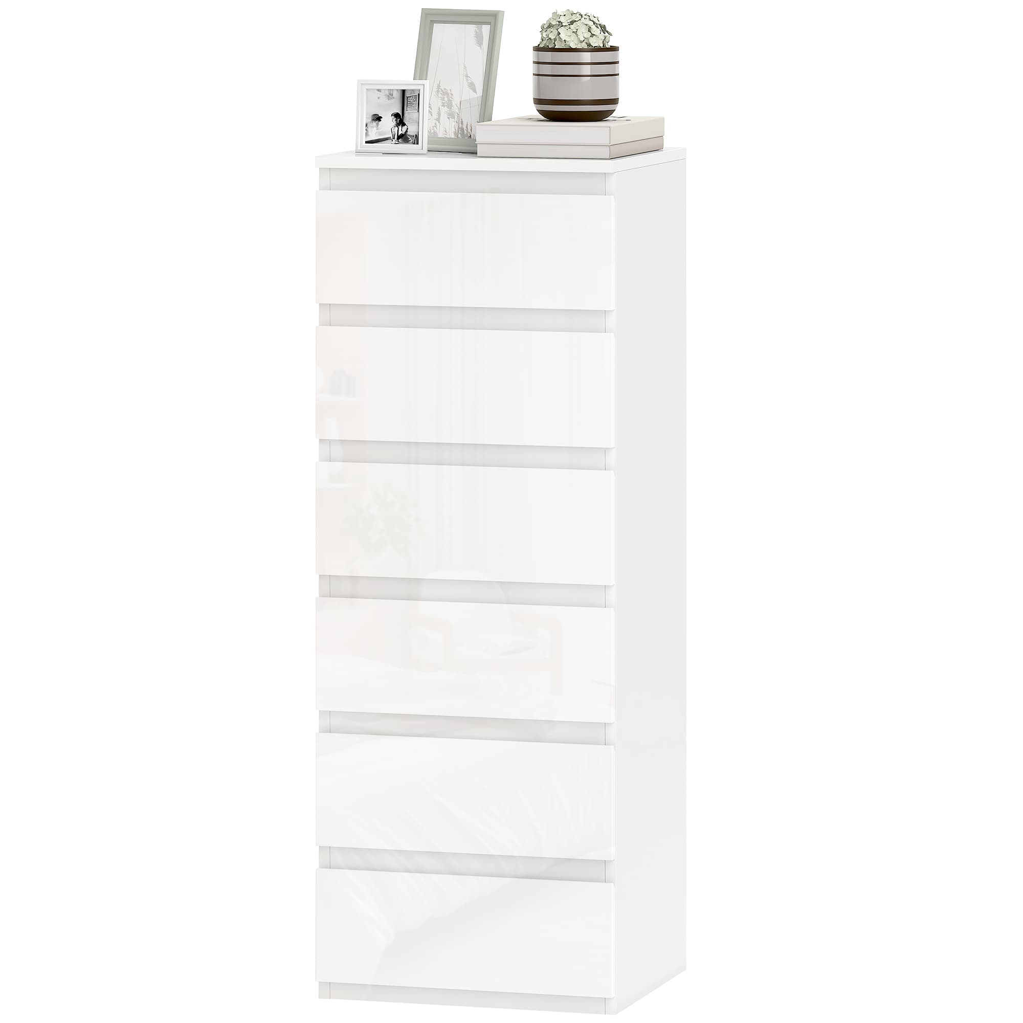 HOMCOM Commode 6 tiroirs à haute brillance, meuble de rangement étroit sans poignées, 40 x 35 x 109 cm, blanc