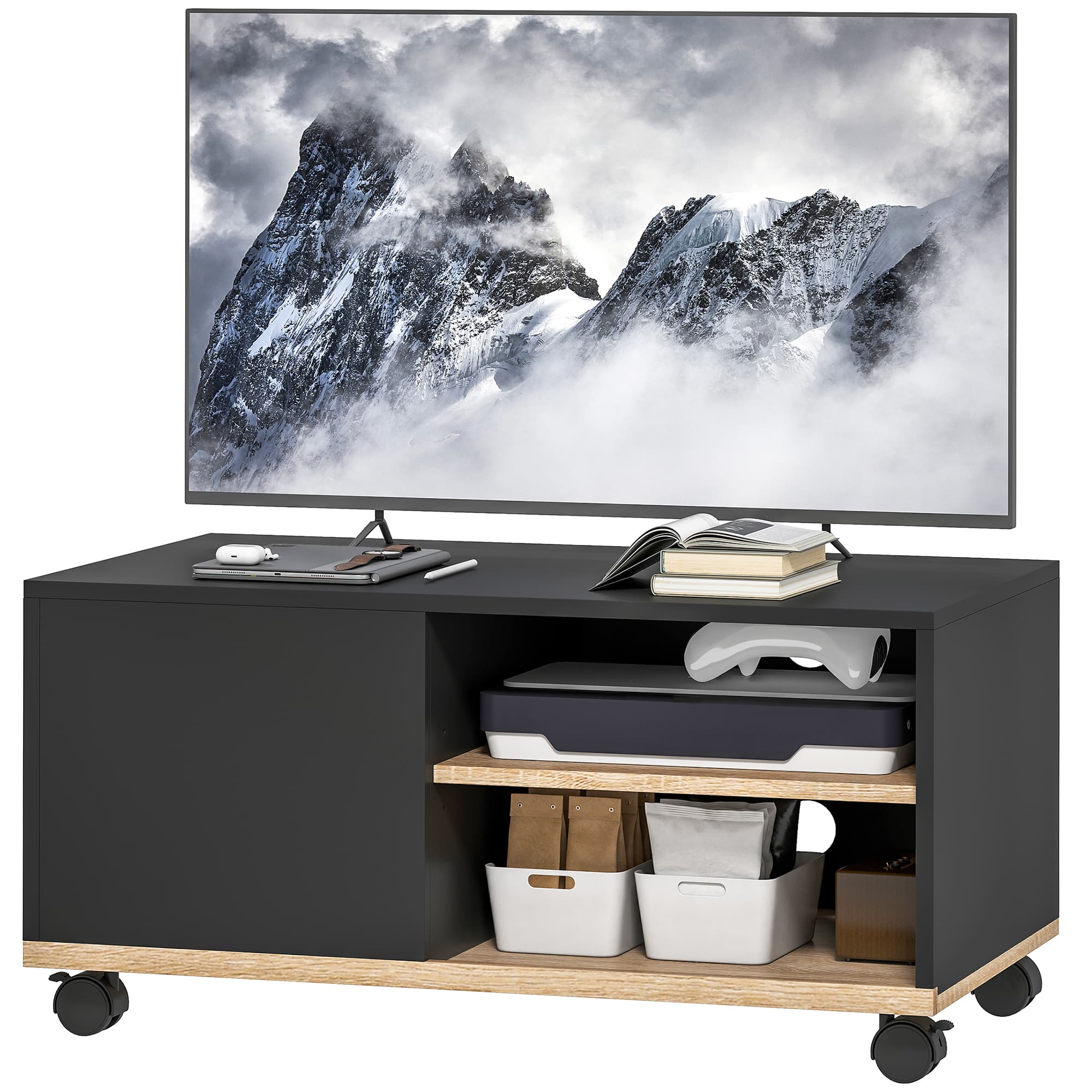 HOMCOM Meuble TV sur roulettes avec freins, meuble TV avec placard et étagère réglable, Noir et Chêne