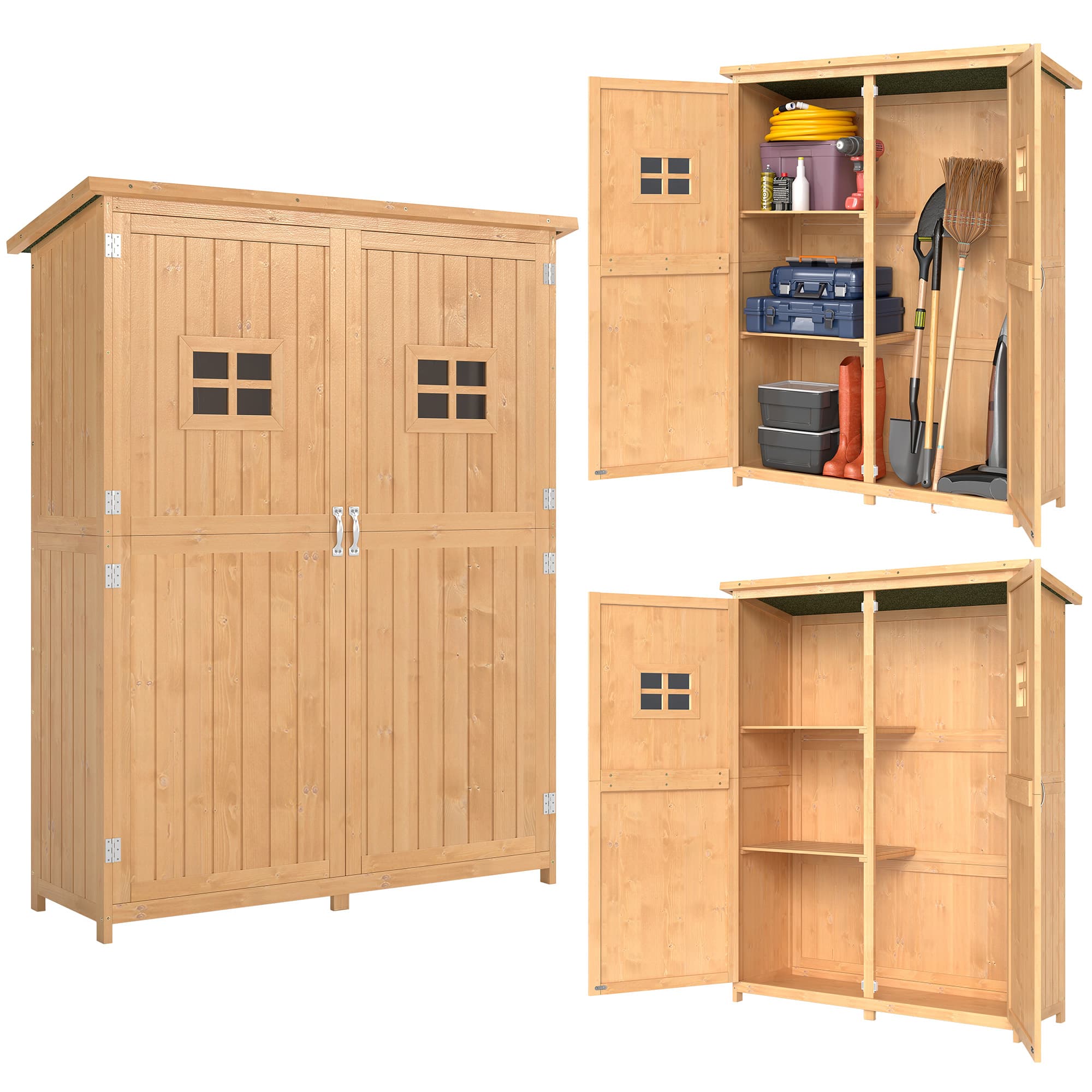 Outsunny Cabane & Abri de Jardin en bois massif sur Pied dim. 128L x 50l x 164H cm 2 étagères 2 Portes 2 fenêtres Toit bitumé étanche Sapin pré-huilé