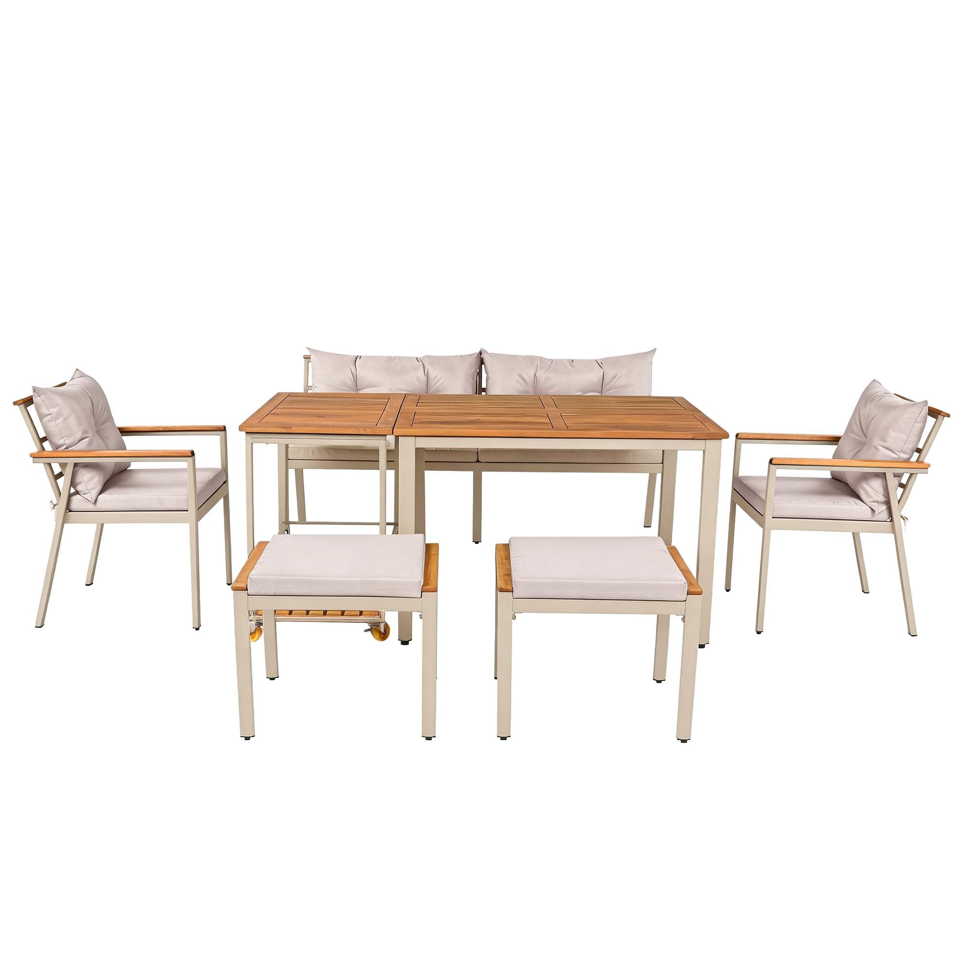 Ensemble table à manger et chaises de jardin 6-7 places, mobilier de jardin avec fauteuils et desserte amovible, Beige+Couleur naturelle Aosom FR