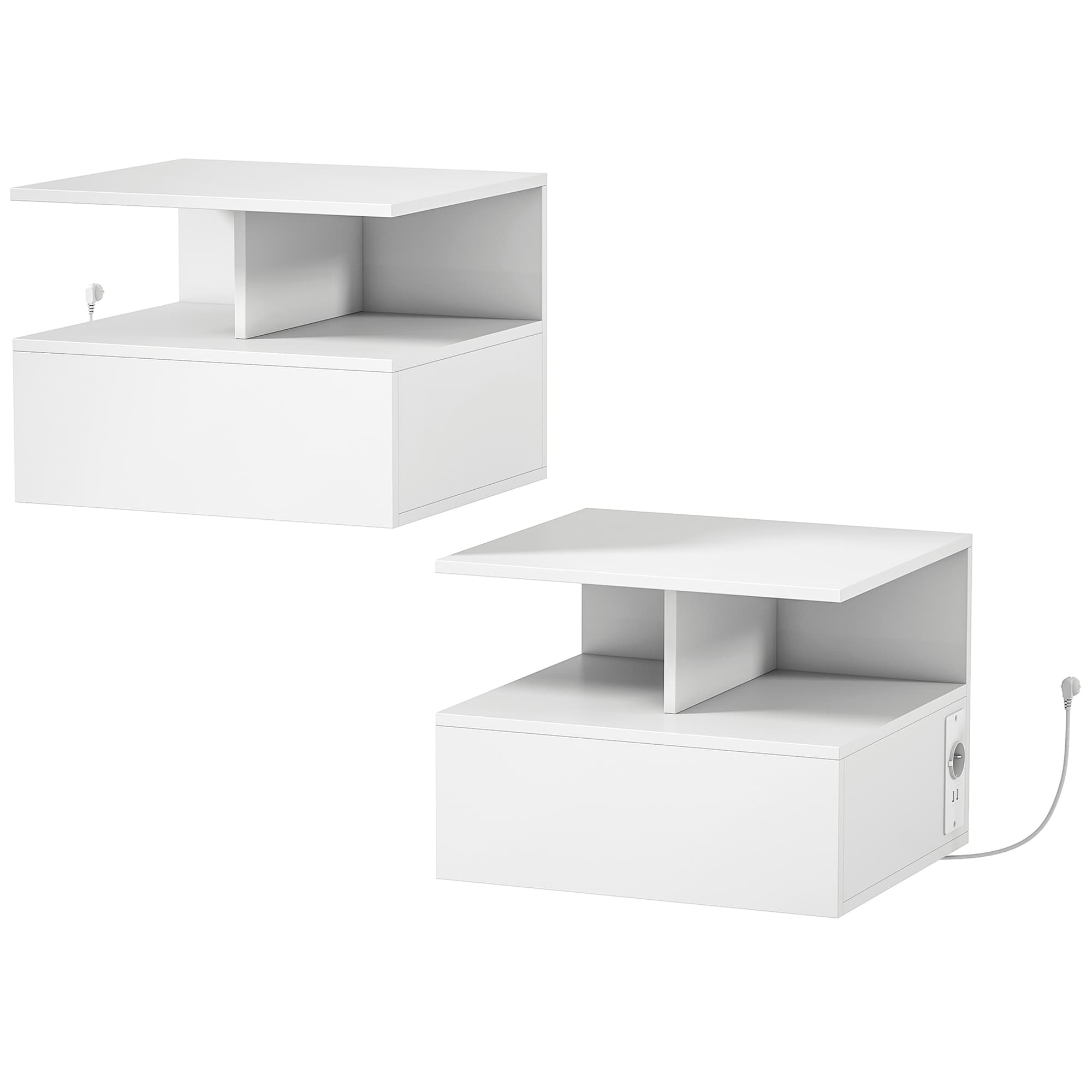 HOMCOM Lot de 2 Tables de Chevet Suspendues : Station de Recharge, Tiroir, Étagère, Blanc
