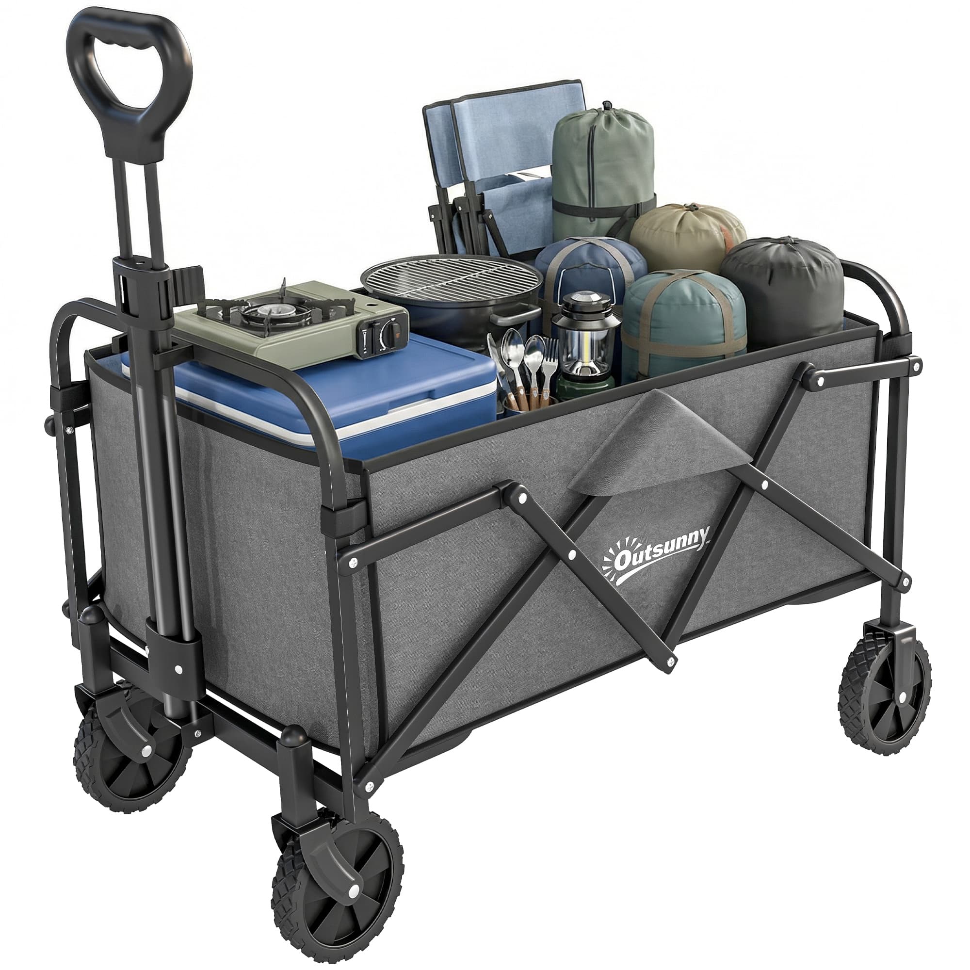 Outsunny Chariot de Jardin Charrette de Transport Pliable Tout-Terrain 66L Charge 68kg Poignée Réglable 81 x 45 x 89 cm Gris