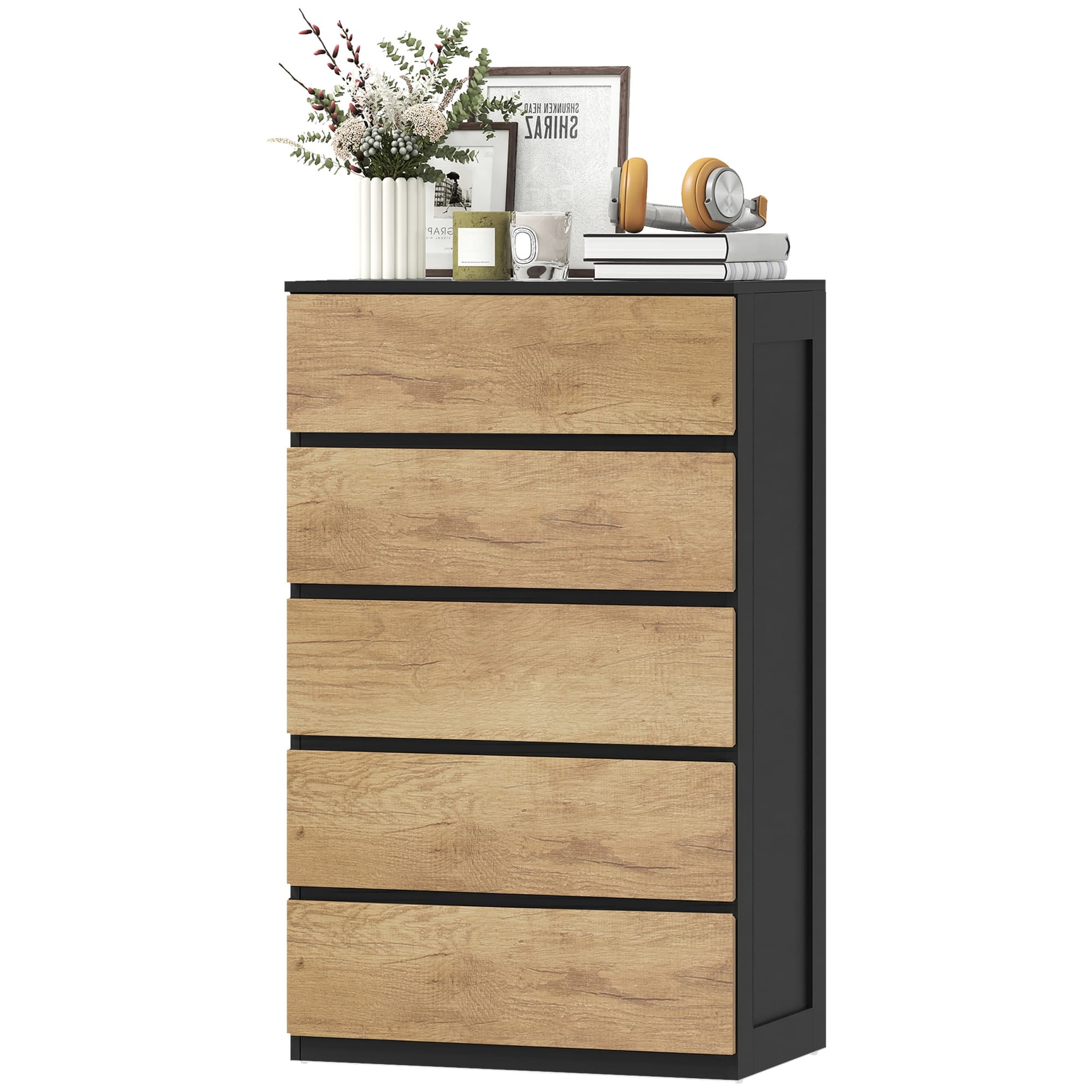 HOMCOM Commode 5 tiroirs en bois avec glissières métalliques et poignées rainurées, 60x39x100 cm