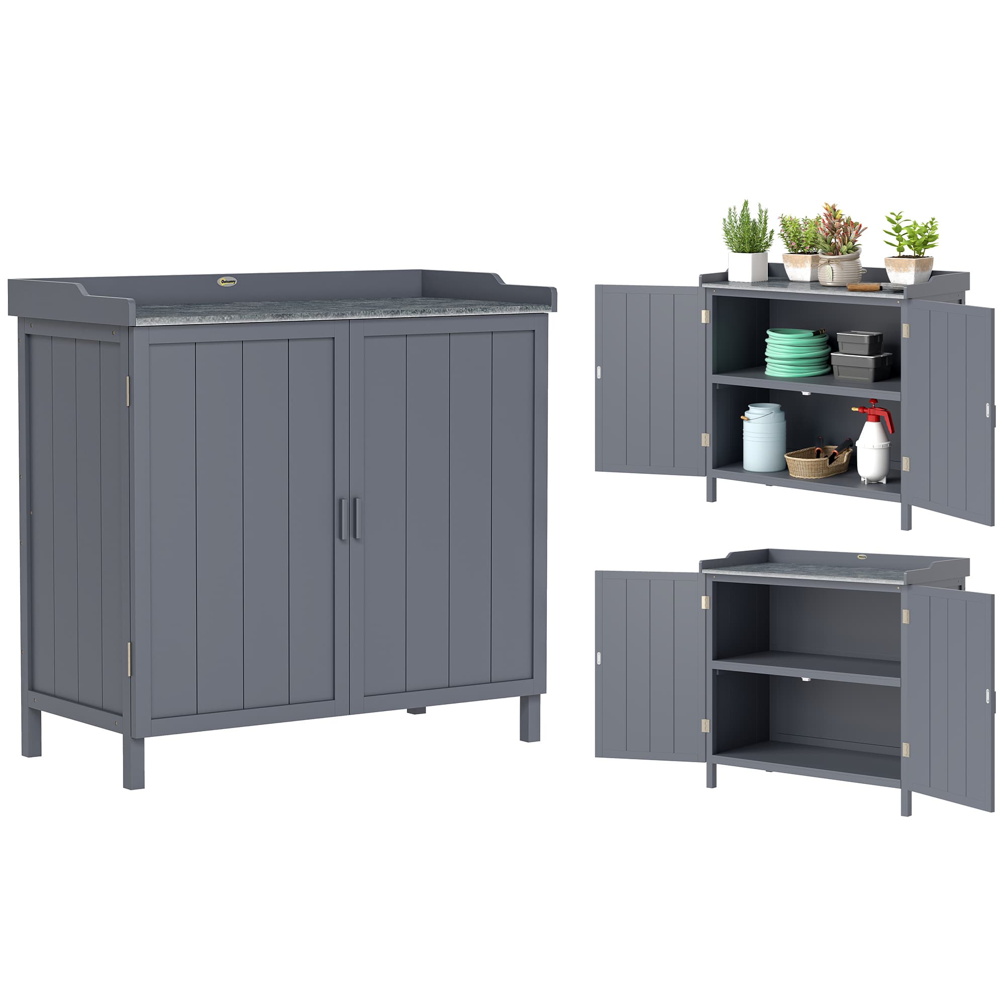 Outsunny Armoire de rangement de jardin sur pied, table de rempotage 2 en 1 double porte, étagère, plateau métal galvanisé - gris