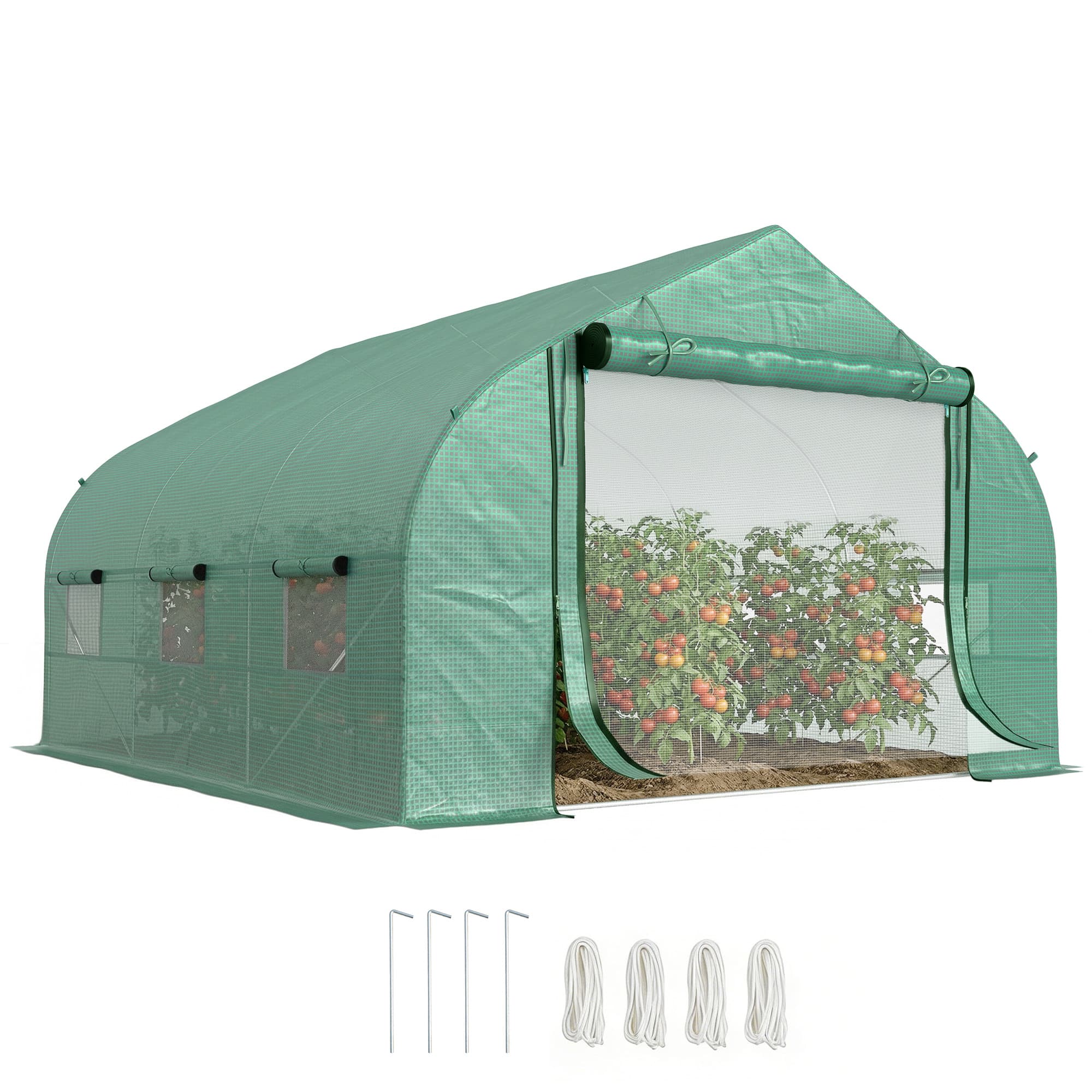 Outsunny Serre Tunnel de Jardin Grande 3.5 x 3 x 2 m - 6 fenêtres et Porte zippée Enroulable - Acier galvanisé PE Haute densité Vert