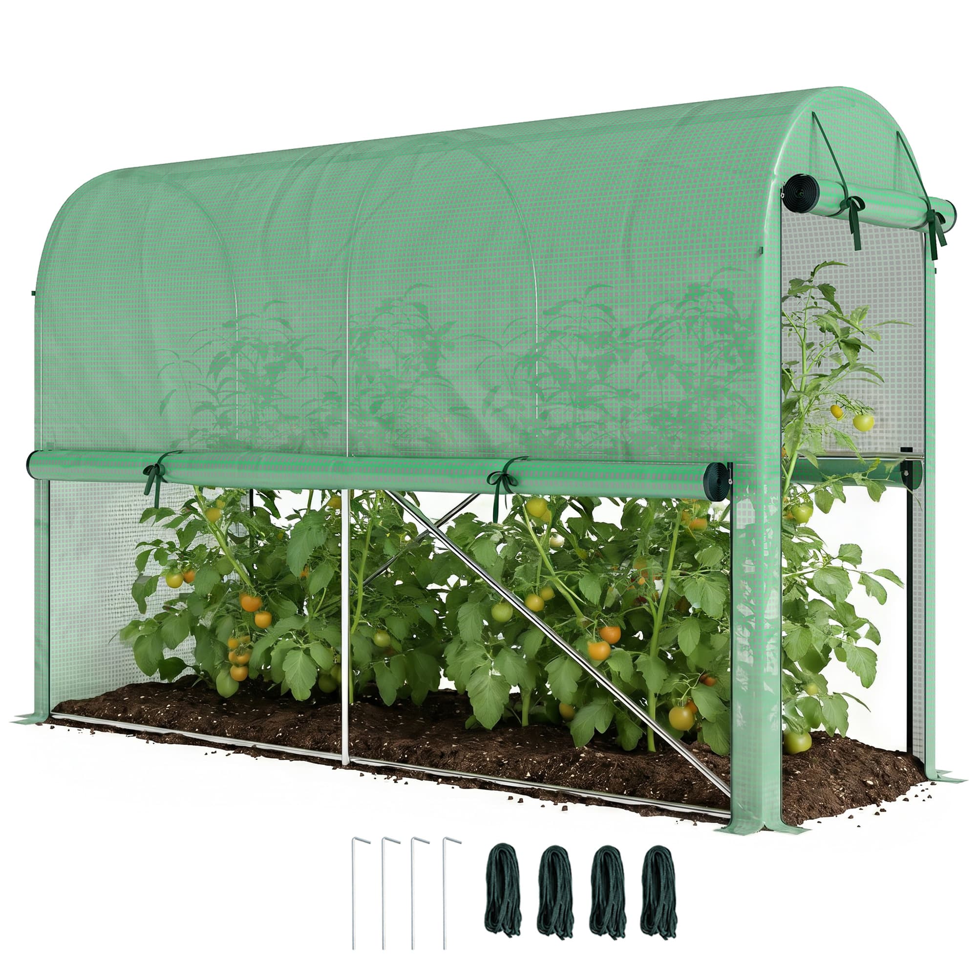 Outsunny Serre de Jardin Serre à tomates dim. 3L x 1l x 2H m Porte zippée déroulante 2 fenêtres latérales enroulables Acier PE Haute densité Vert
