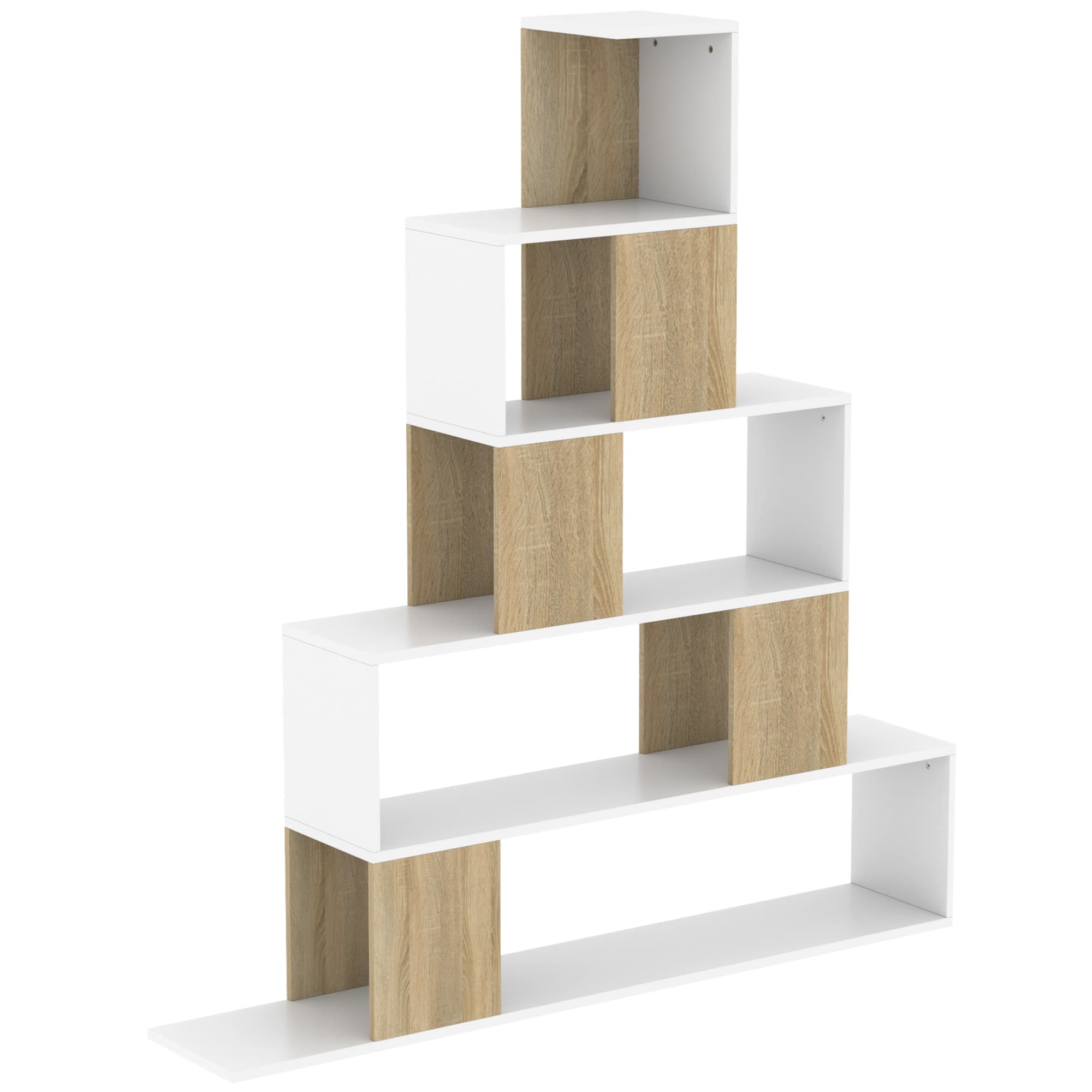 HOMCOM Étagère de rangement, bibliothèque géométrique à 5 niveaux, pour bureau, salon, chambre, blanc et bois naturel