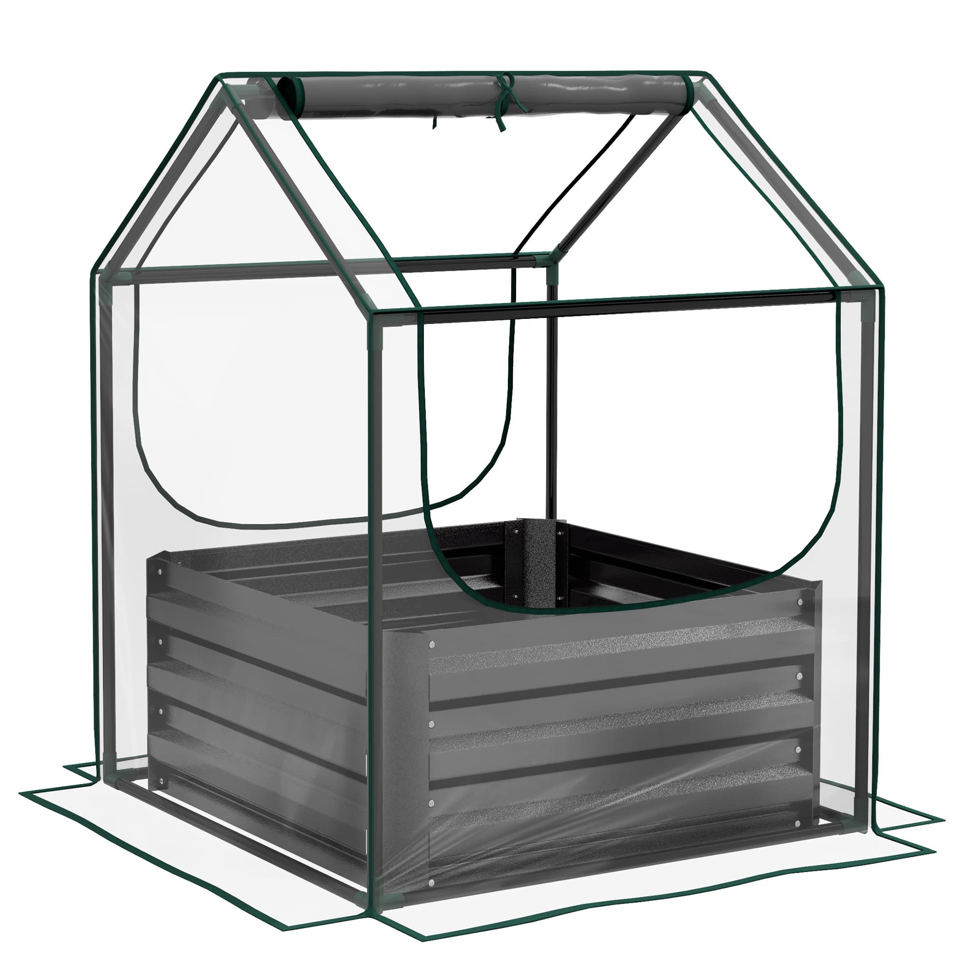 Outsunny Carré potager de jardin avec mini serre, jardinière surélevée en acier galvanisé, 70 x 70 x 90 cm, gris foncé