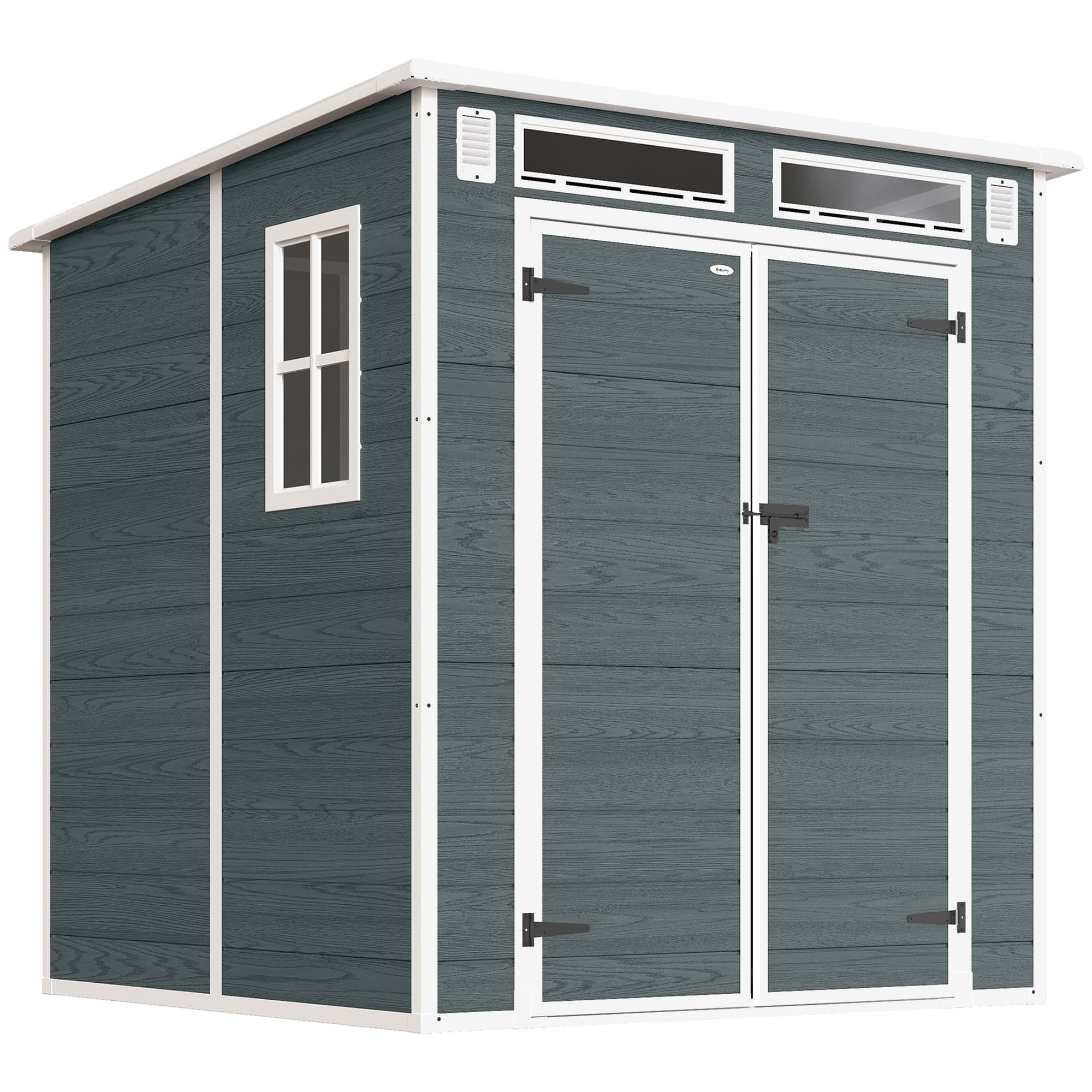 Outsunny Abri de Jardin en Plastique 6 x 6 ft, Effet Bois, avec Plancher, Fenêtres, Portes Verrouillables et Aérations, Gris