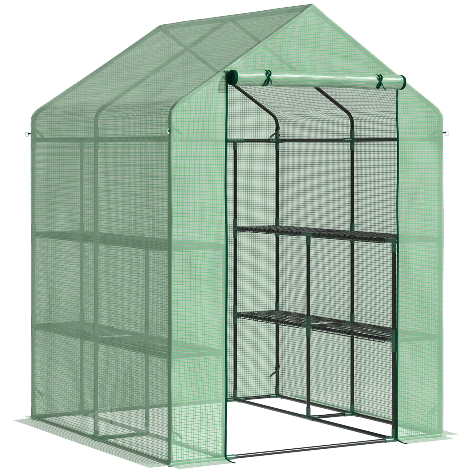 Outsunny Serre de Jardin avec Étagères 3 Niveaux, Petite Serre de Balcon en Bâche PE 140 g/m2 Renforcée 143 x 138 x 190 cm, Vert