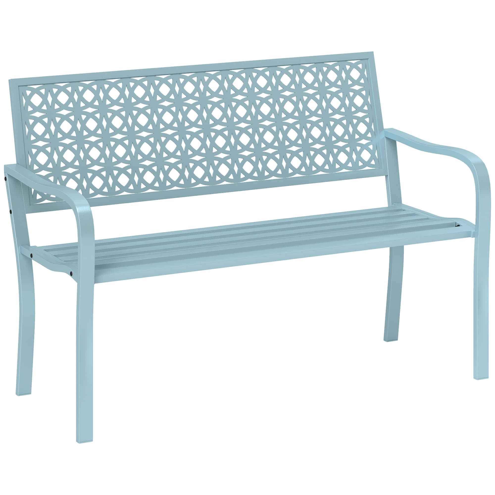 Outsunny Banc de jardin 2 places, banc extérieur jardin en acier avec dossier ajouré, 127 x 63 x 85 cm, bleu