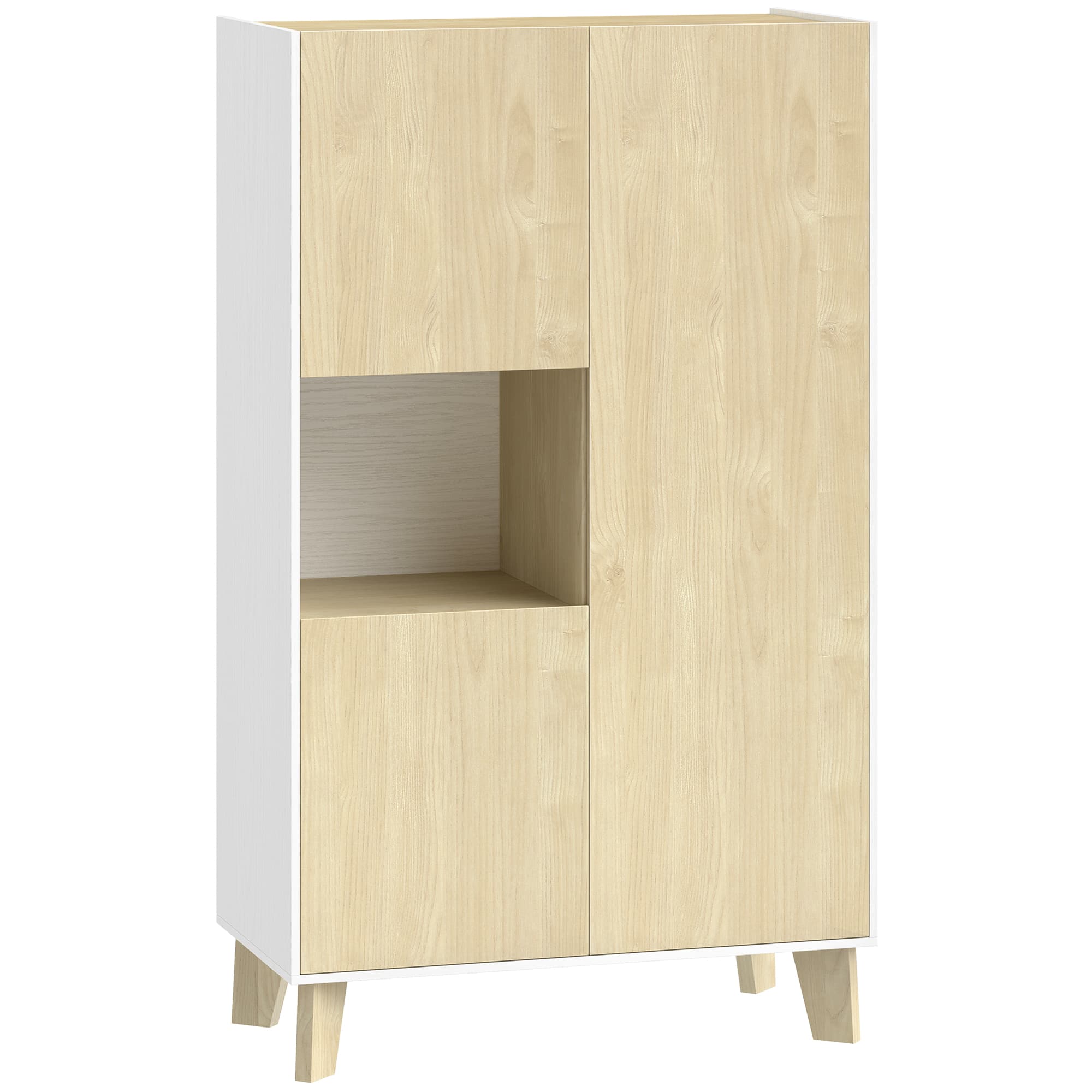 HOMCOM Buffet salon, meuble de rangement à 6 compartiments et portes à fermeture amortie, 80x40x135cm, blanc et bois naturel