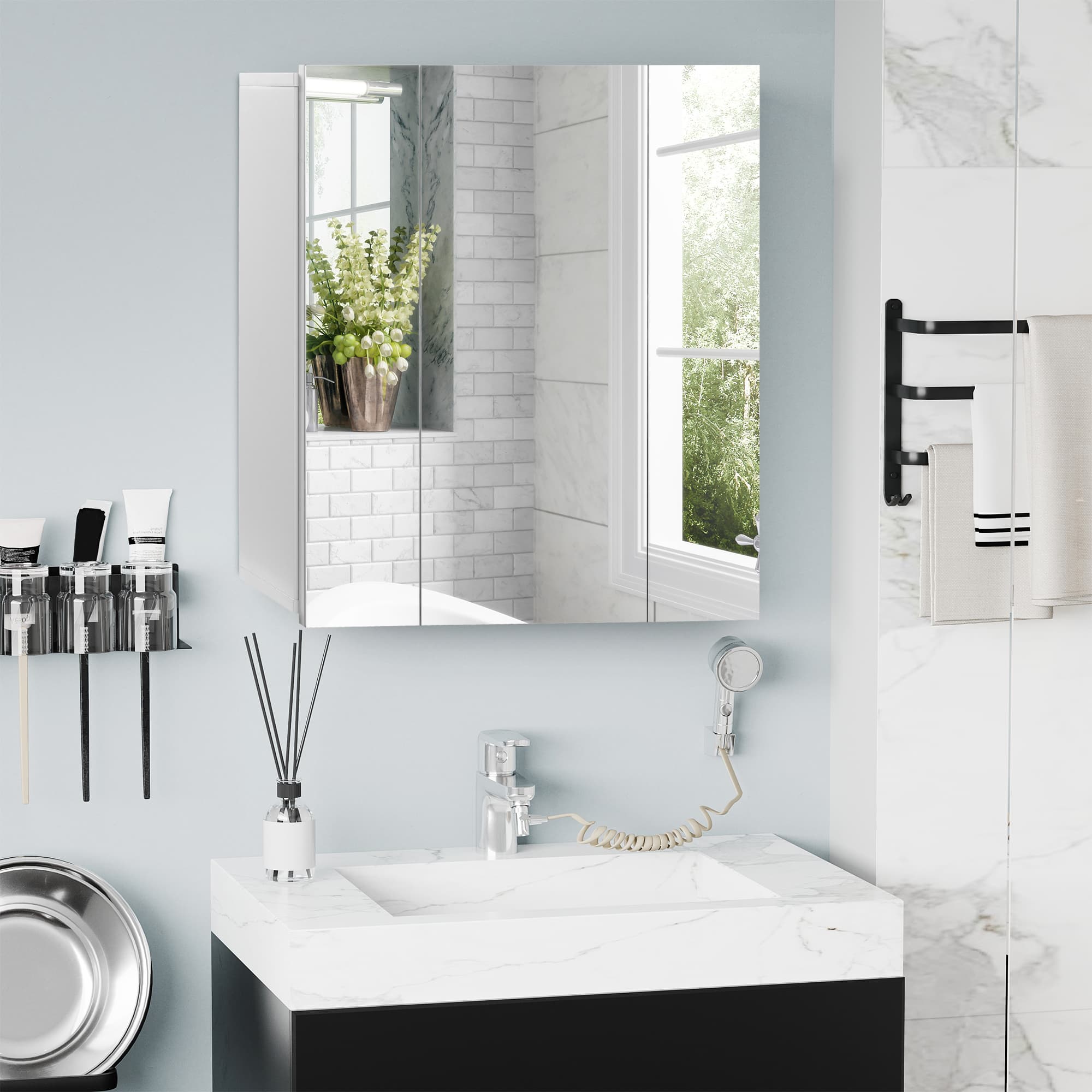 kleankin Armoire de toilette murale avec miroir meuble de salle de bain 3 portes et étagères réglables en MDF Blanc dim. 70L x 15l x 60H cm