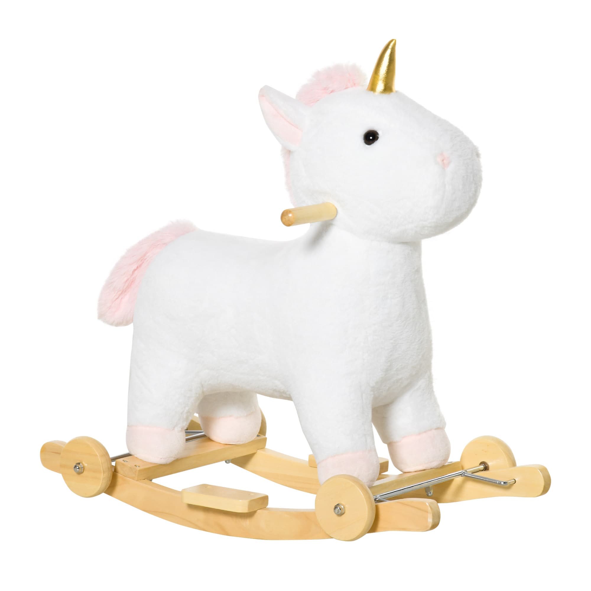 HOMCOM Cheval à bascule enfant en bois avec roues utilisation 2 en 1 pour petits enfants effet sonore 63 x 38 x 63 cm blanc