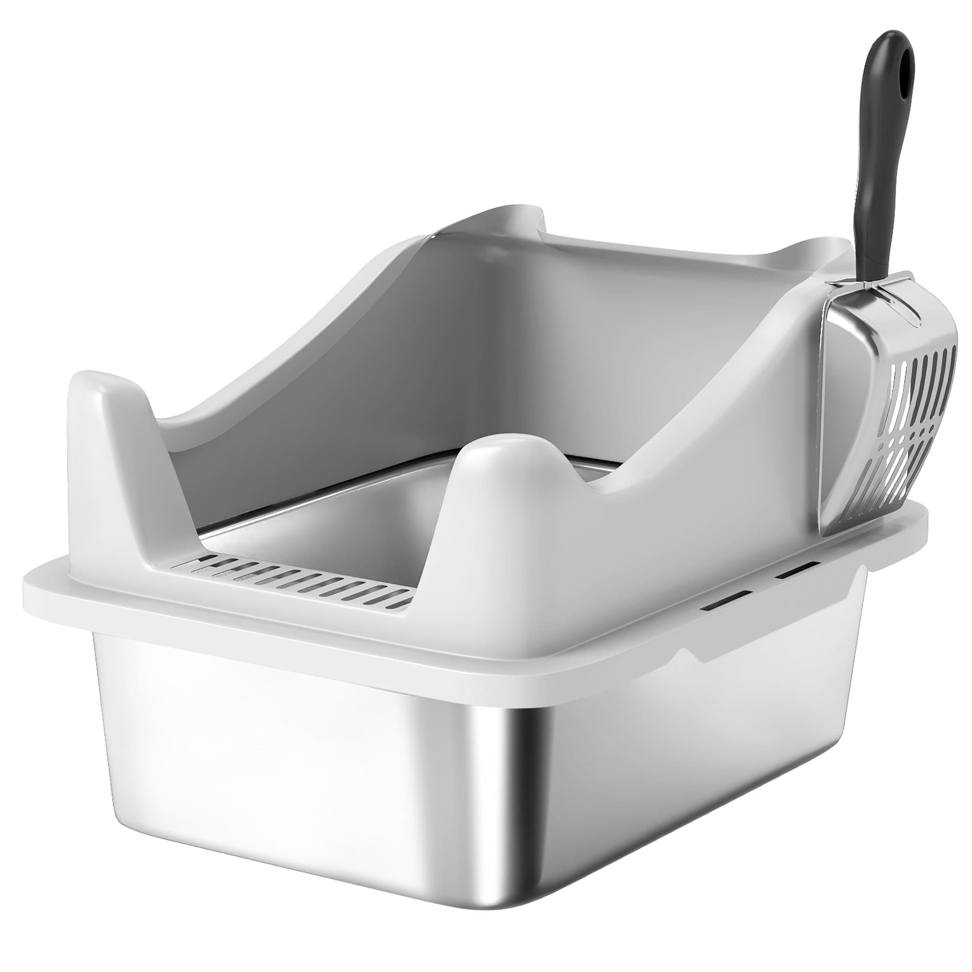 PawHut Bac à litière en acier inoxydable, maison de toilette pour chat, bords hauts, nettoyage facile, 43,1x33,2x25,4cm, gris