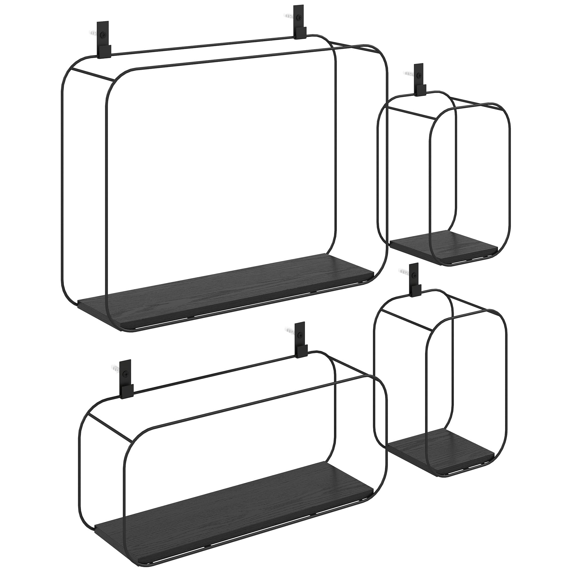 HOMCOM Lot de 4 étagères murales industrielles, étagères flottantes géométriques en métal, pour salon, chambre et bureau, noir