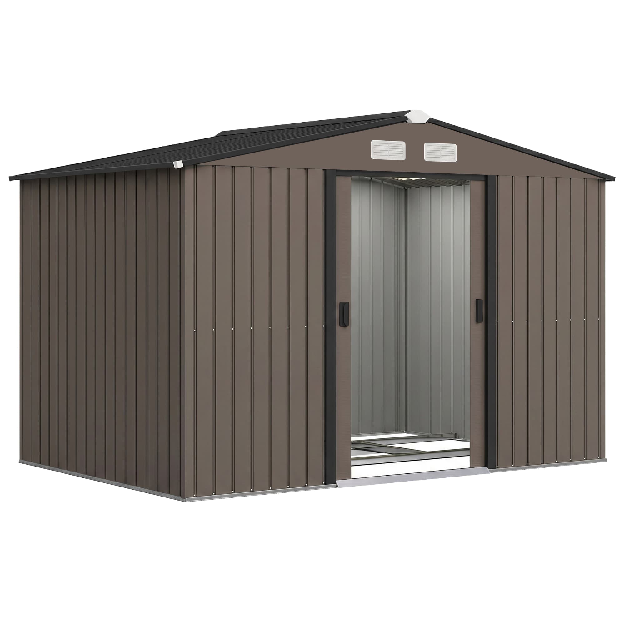 Outsunny Abri de jardin 5,4 m2 2,77 x 1,95 x 1,92 m kit de fondation porte coulissante ventilations acier galvanisé, marron