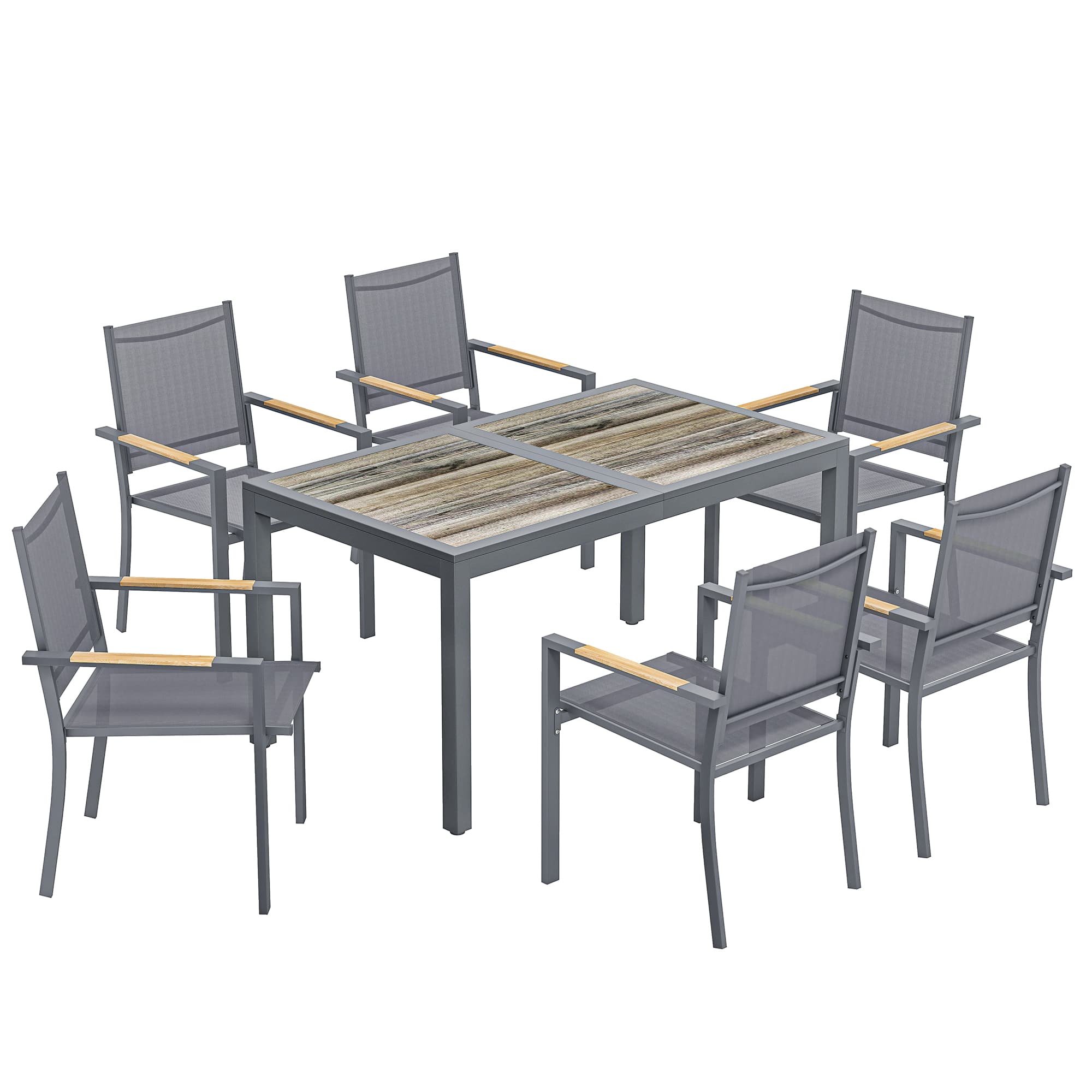 Outsunny Ensemble de Salle à Manger Extérieur pour 6 Personnes, Table et Chaises, Chaises Empilables en Maille et Table en Faux Bois, Gris Foncé