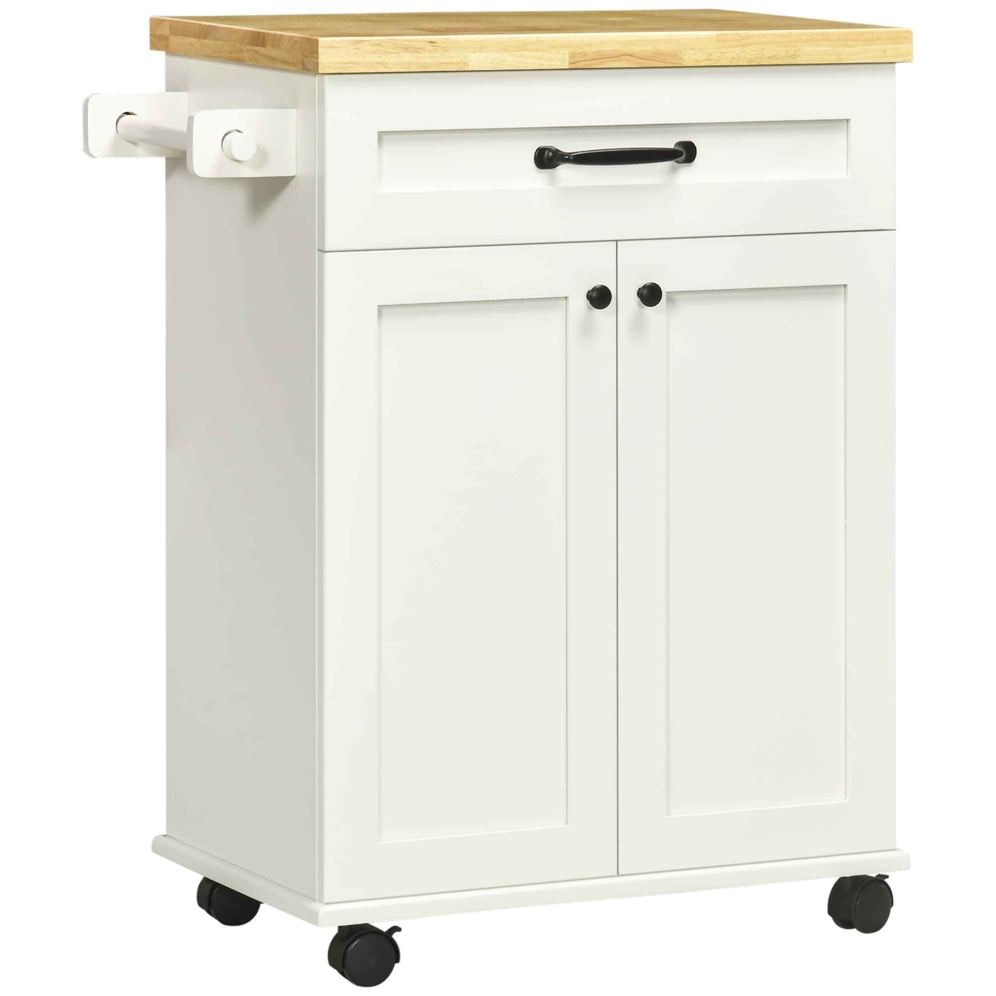 HOMCOM Desserte de cuisine à roulettes multi-rangements 1 tiroir 1 placard 1 portes-torchons blanc et plateau en bois Aosom France