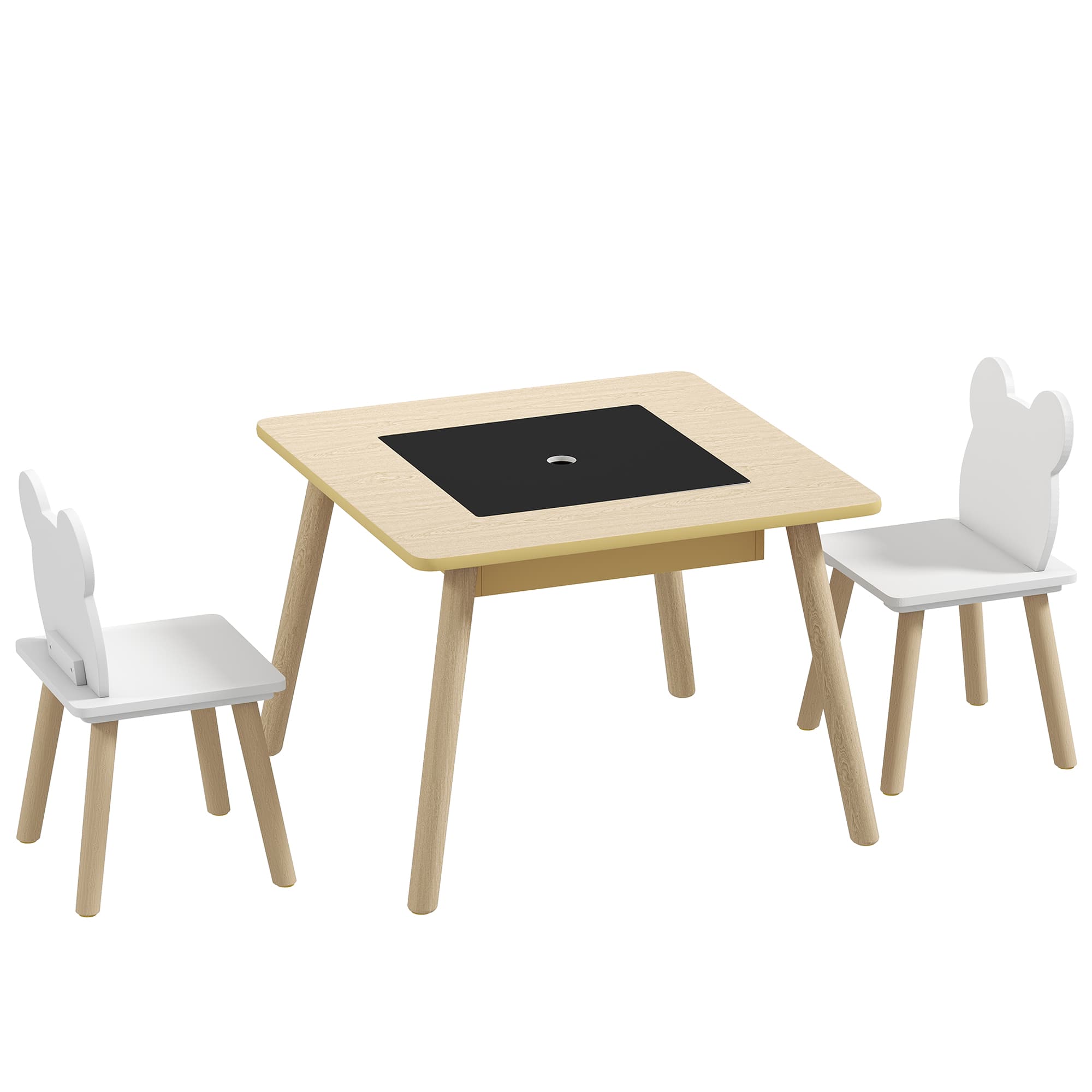 AIYAPLAY Ensemble 1 table et 2 chaise 3 pièces pour enfants avec plateau réversible espace de rangement bois naturel