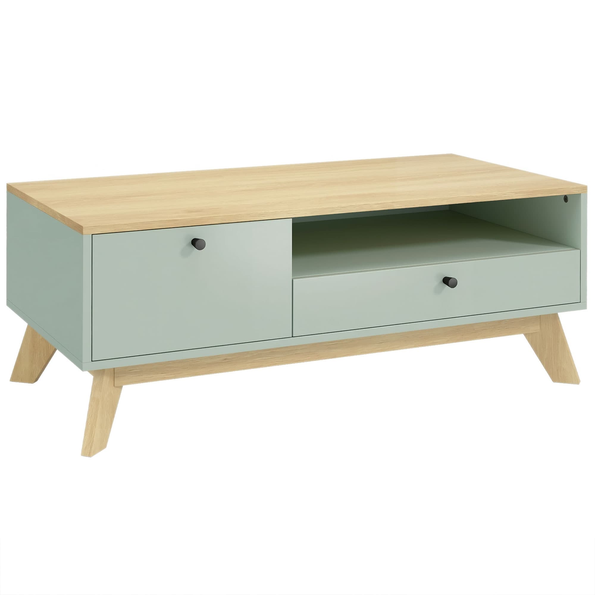 HOMCOM Table basse de salon, table d'appoint rectangulaire avec tiroir, porte et compartiment ouvert, vert clair et chêne