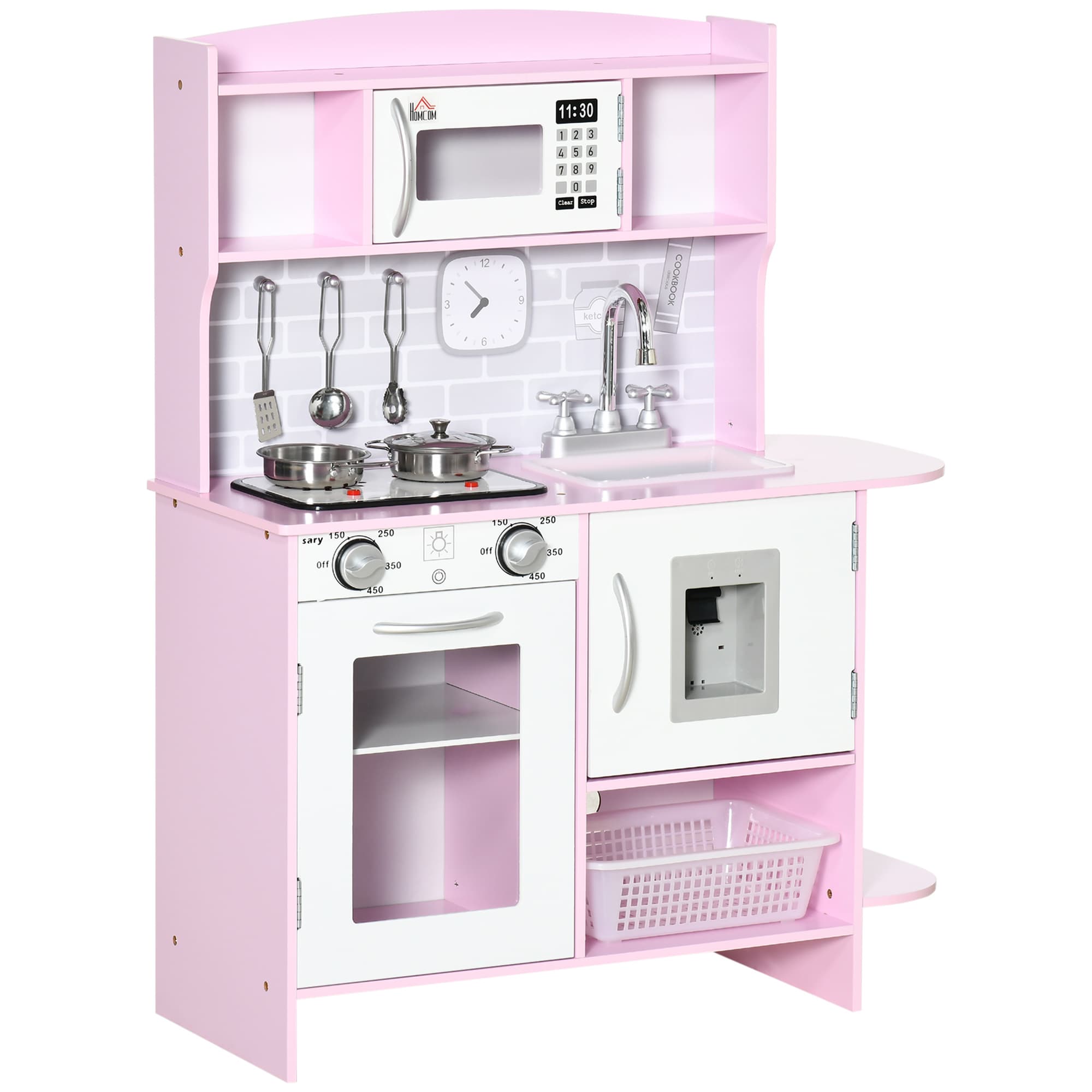 HOMCOM Cuisine Jouet pour Enfants avec Plaques, Lumières et Sons, Micro-ondes, Distributeur d'Eau, 3-6 Ans, Rose
