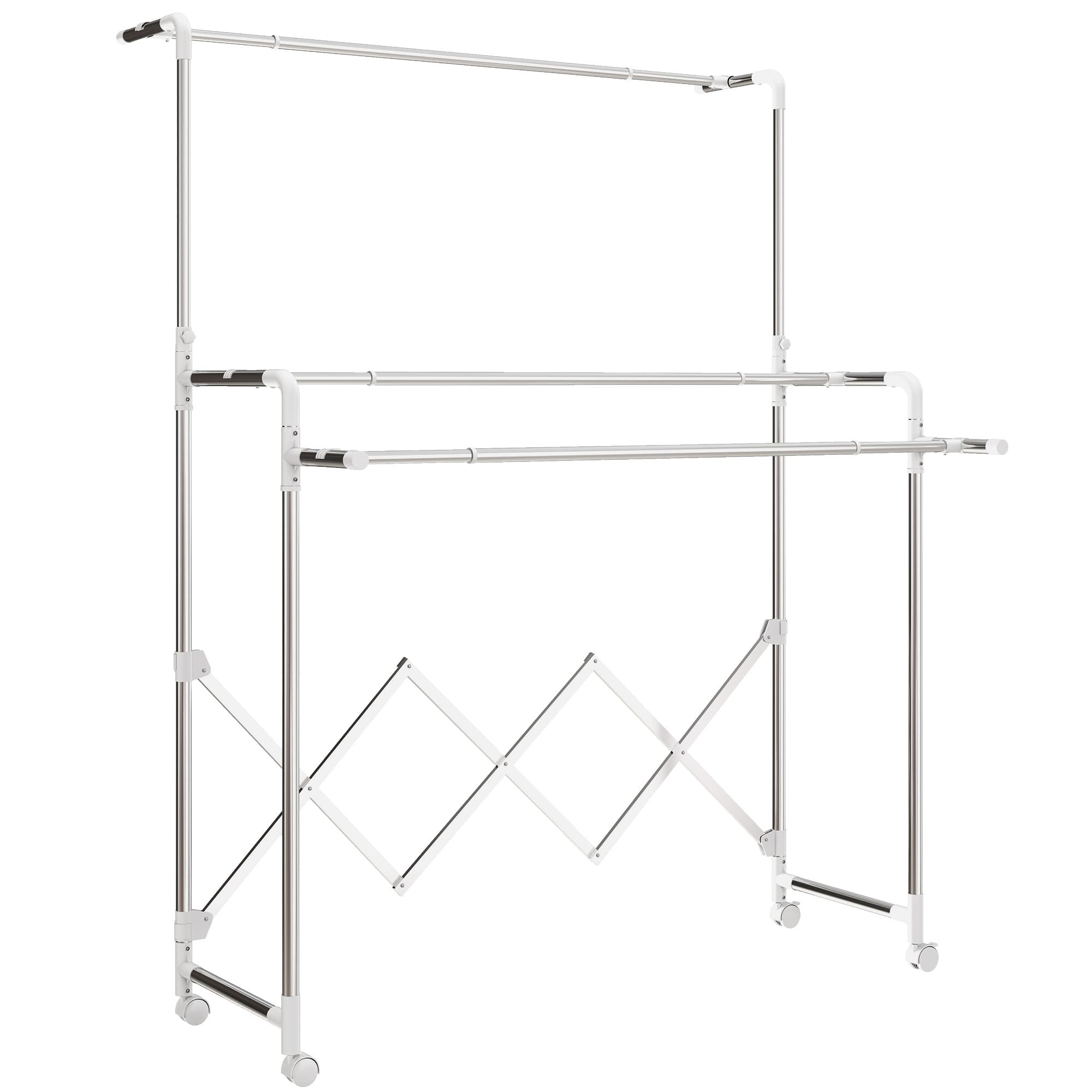 HOMCOM Séchoir à linge pliable étendoir linge intérieur à 3 barres réglables et 4 roulettes 104-150 x 103 x 145-197 cm argent