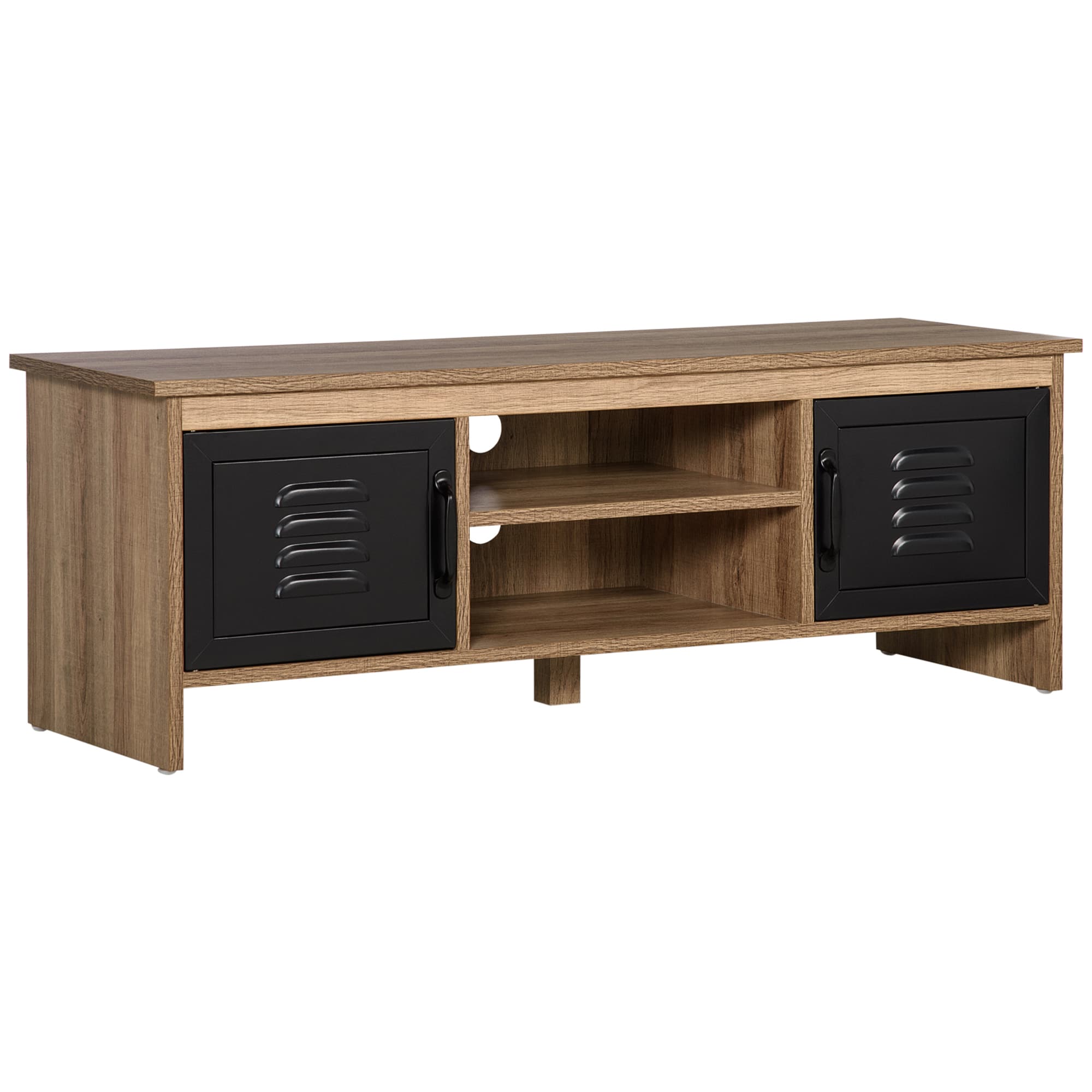 HOMCOM Meuble TV banc TV 109 cm multi-rangements 2 niches ouvertes 2 placards passe-fils intégrés pieds surélevés brun clair et noir