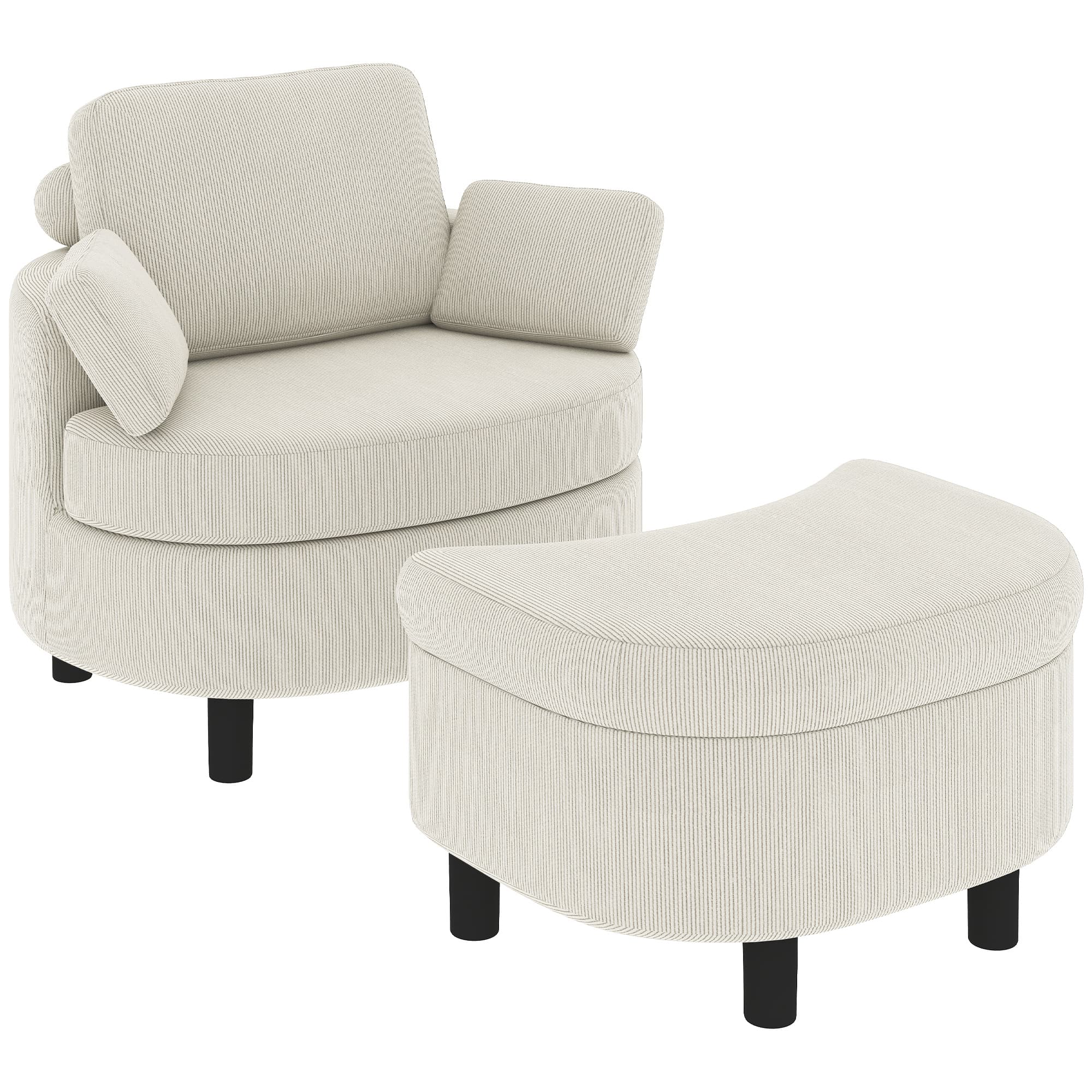 HOMCOM Fauteuil avec pouf de rangement, revêtement en velours côtelé, fauteuil de lecture enveloppant avec appuie-tête réglable, large assise, blanc crème