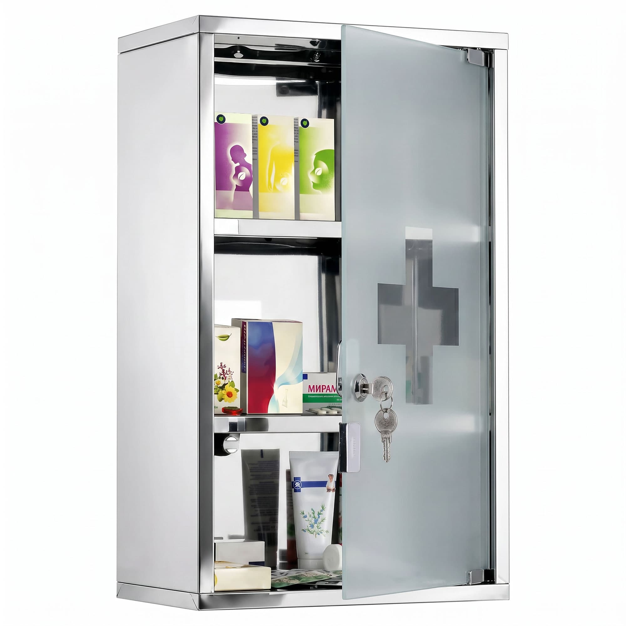 HOMCOM Armoire à pharmacie murale à 3 niveaux en acier inoxydable avec porte verrouillable en verre avec 2 clés