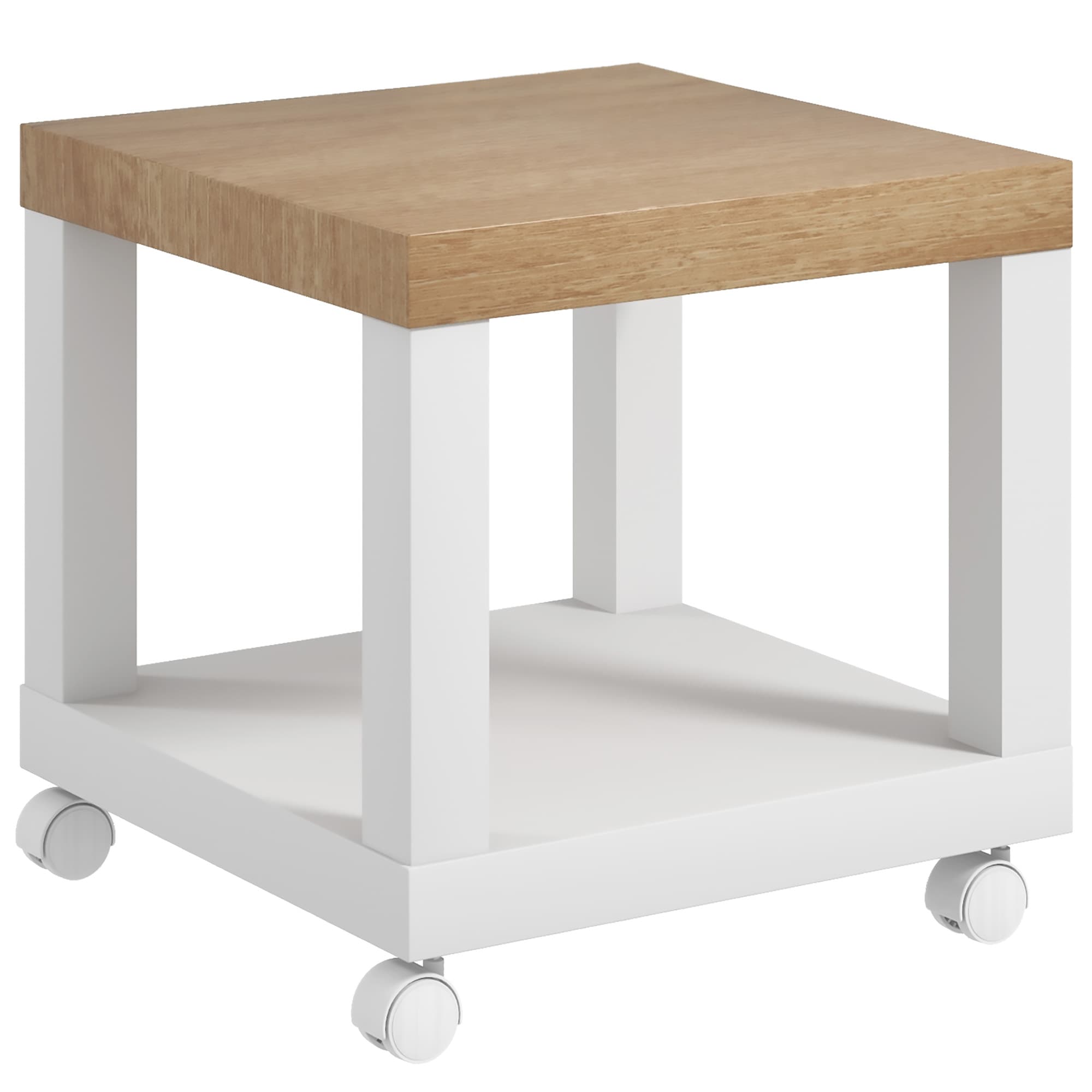 HOMCOM Table d'appoint roulante, table basse moderne avec étagère ouverte, 40 x 40 x 40 cm, bois naturel & blanc