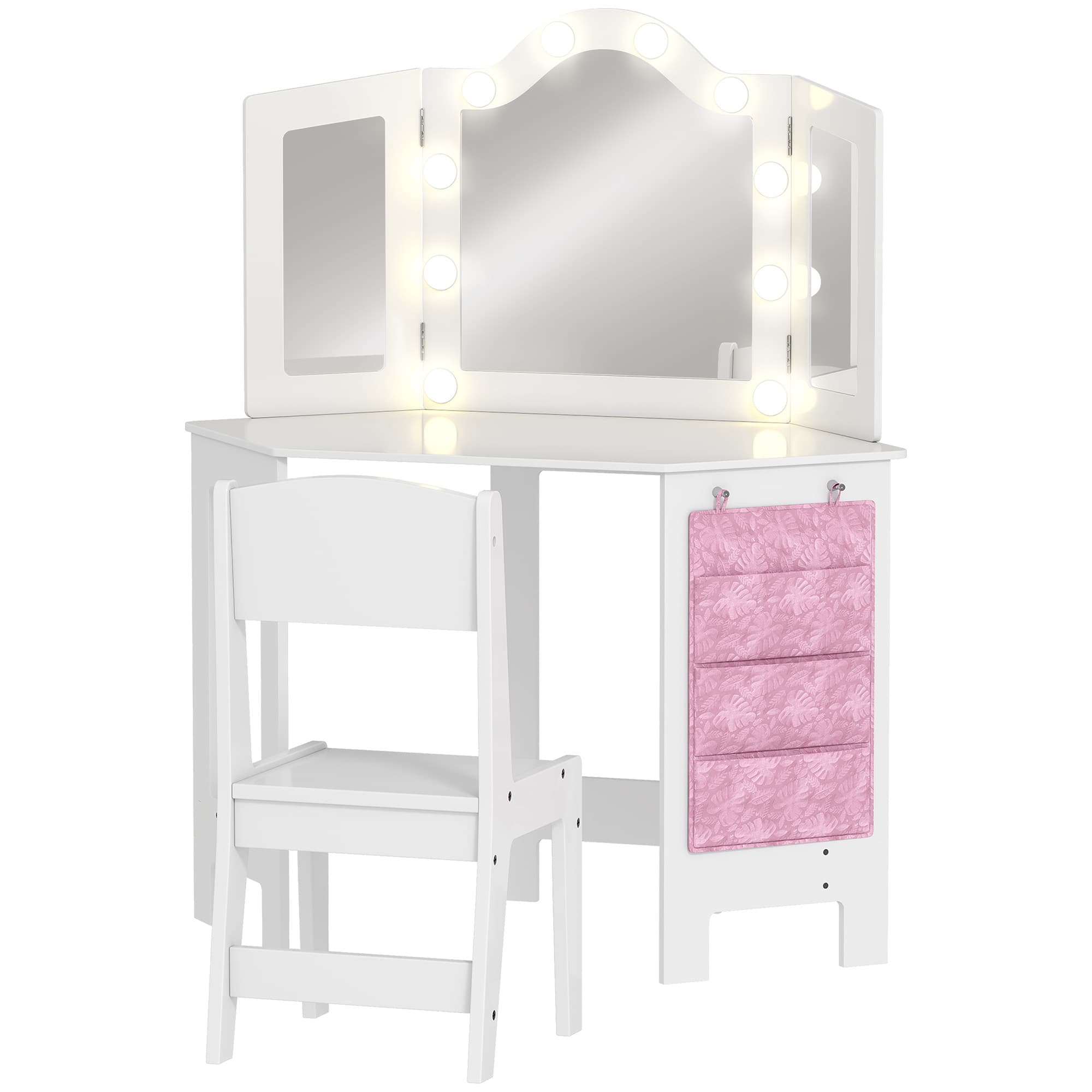 AIYAPLAY Coiffeuse enfant 2 en 1 avec tabouret miroir triptyque et lumières LED bicolores 93,6 x 48,5 x 111,5 cm blanc