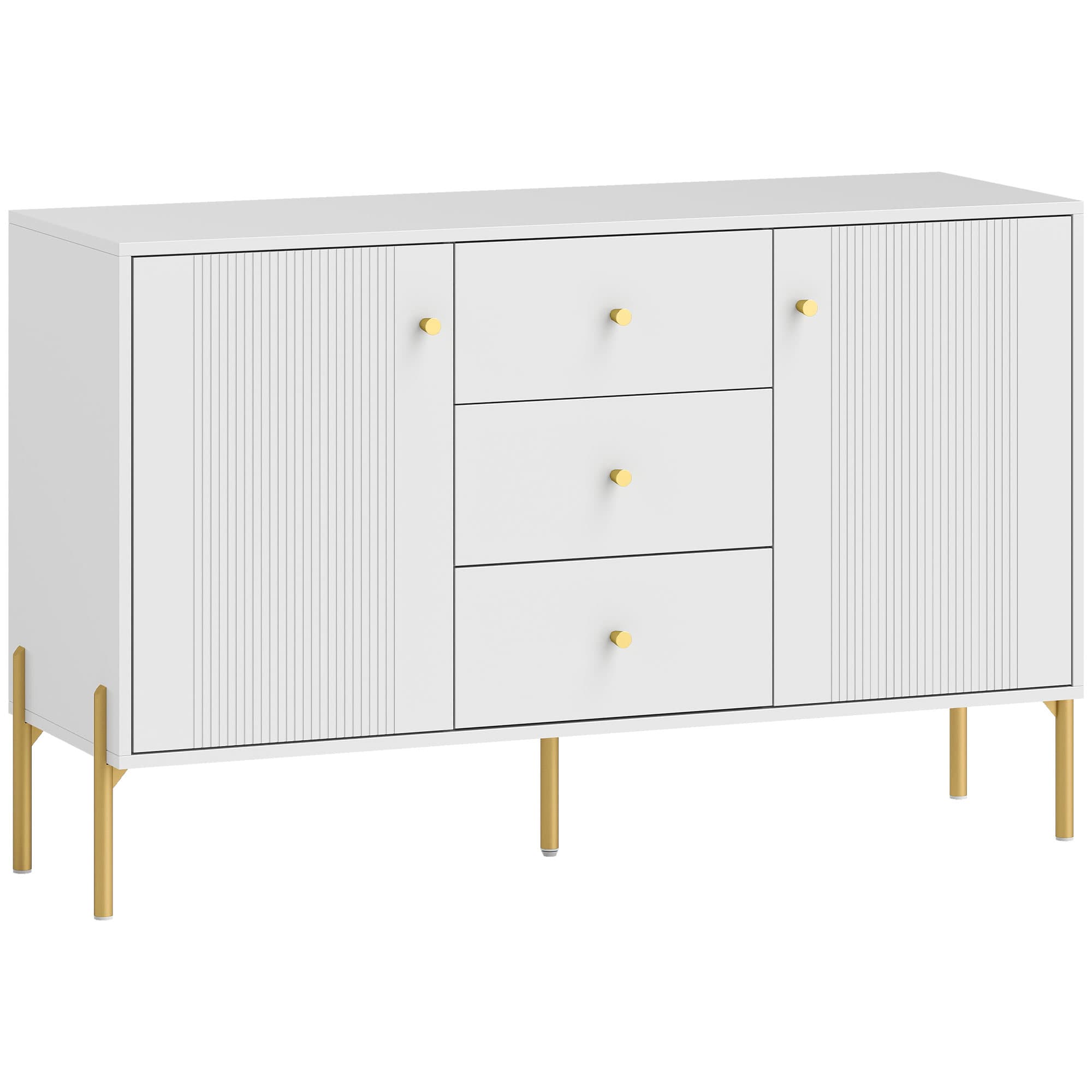 HOMCOM Buffet cuisine, meuble de rangement avec 2 portes, 3 tiroirs silencieux, 2 étagères réglables, 5 pieds en acier, blanc