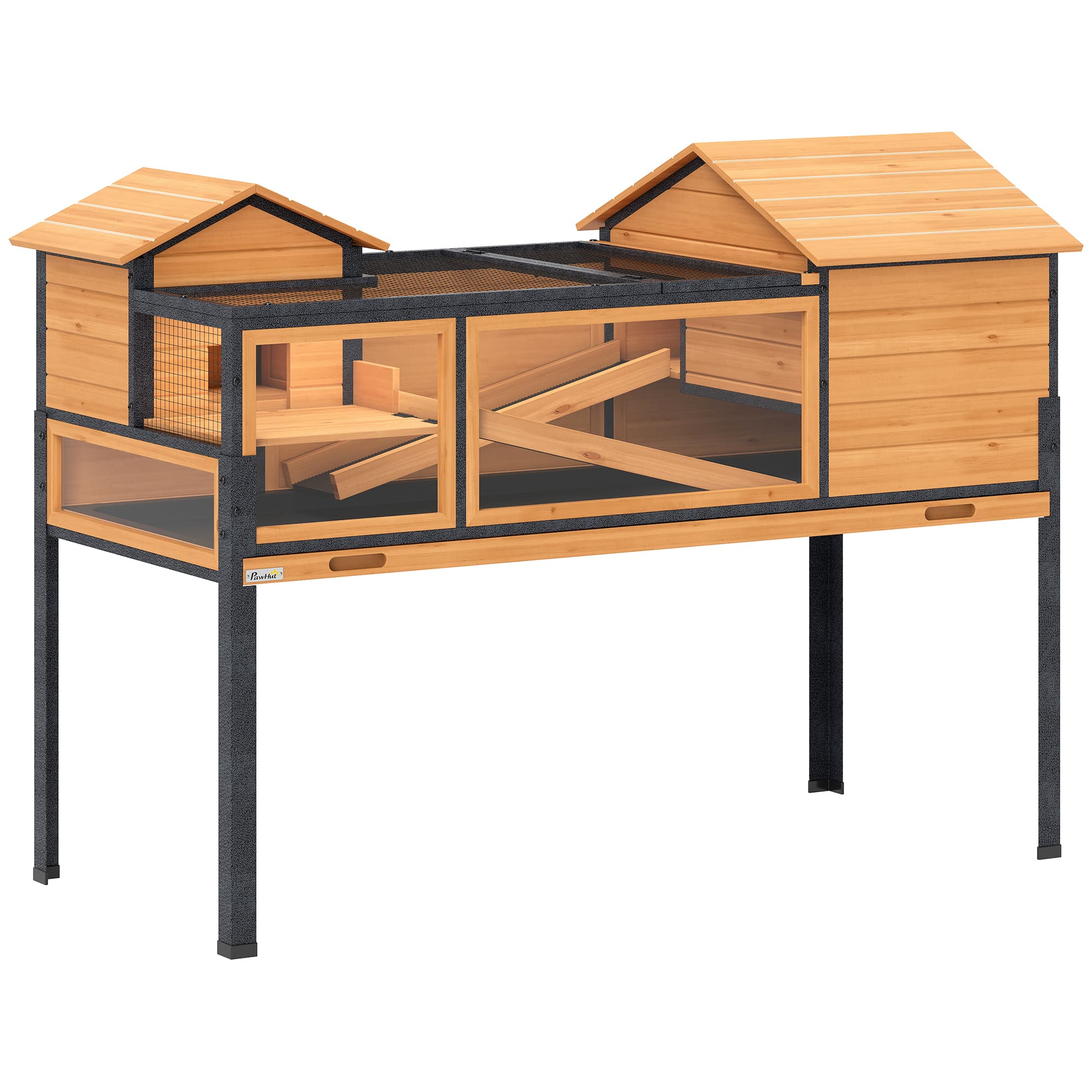 PawHut Maison pour tortues à 2 étages 2 chambres fenêtres rampes toit ouvrable et plateau 128 x 63 x 96 cm jaune