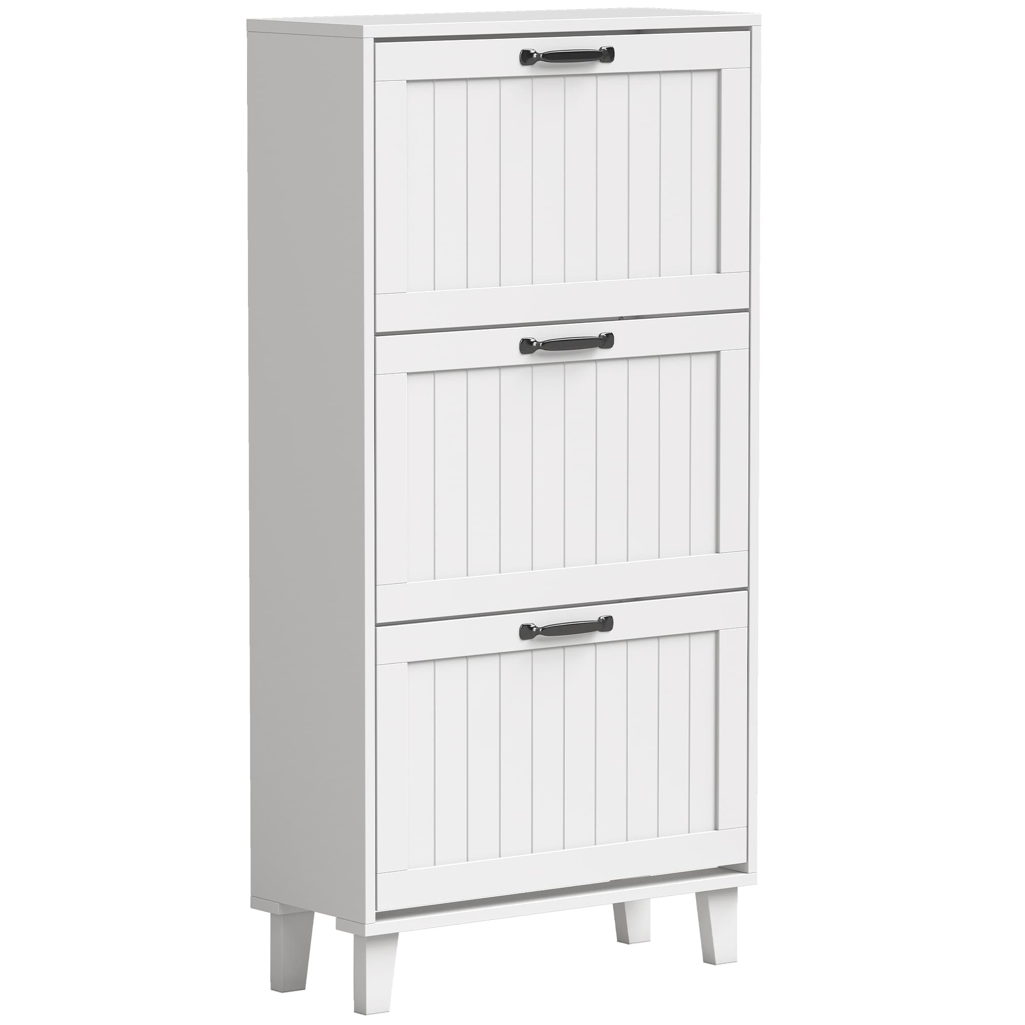 HOMCOM Meuble à chaussures, 3 tiroirs basculants, étagères réglables, étroit, blanc.