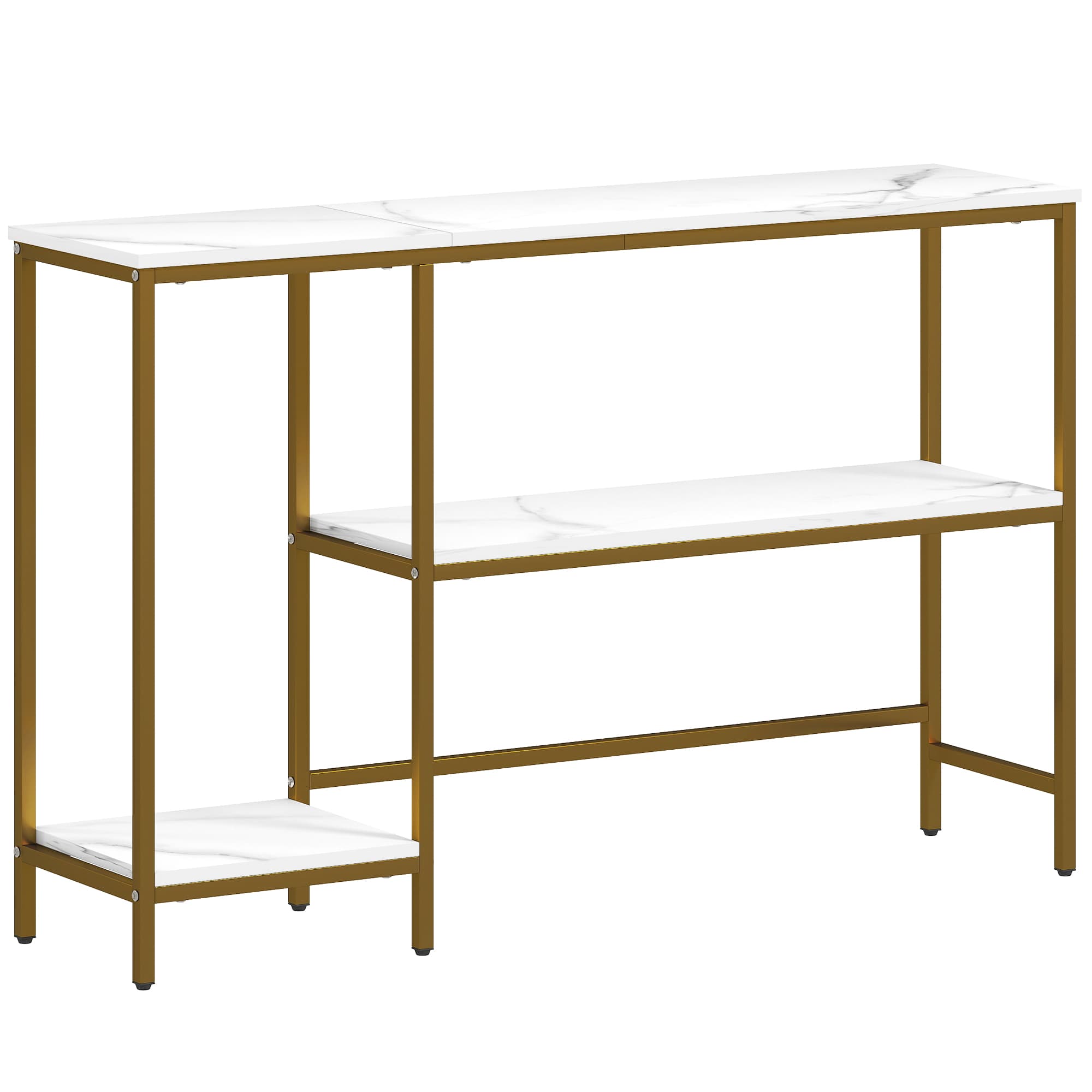 HOMCOM Console meuble 120 cm, table console 3 niveaux avec étagères de rangement, plateaux imitation marbre, blanc et doré