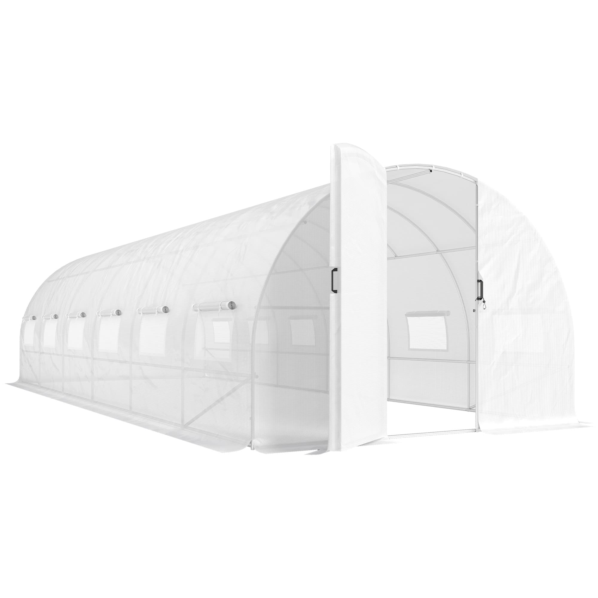 Outsunny Serre tunnel de jardin 24m2, serre de jardin tunnel avec portes et 12 fenêtres avec moustiquaires, 295x798x199cm, blanc