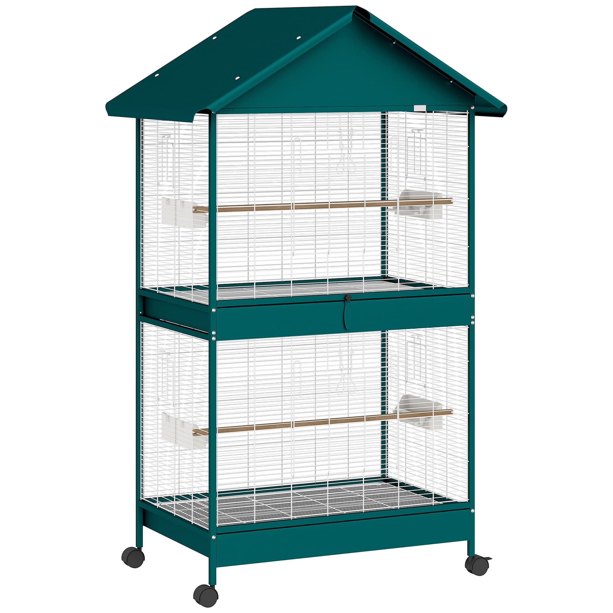 PawHut Cage à oiseaux sur roulettes avec séparateur amovible, 6 mangeoires et 4 perchoirs, 2 plateaux coulissants, pour perruches, cockatiels, canaris