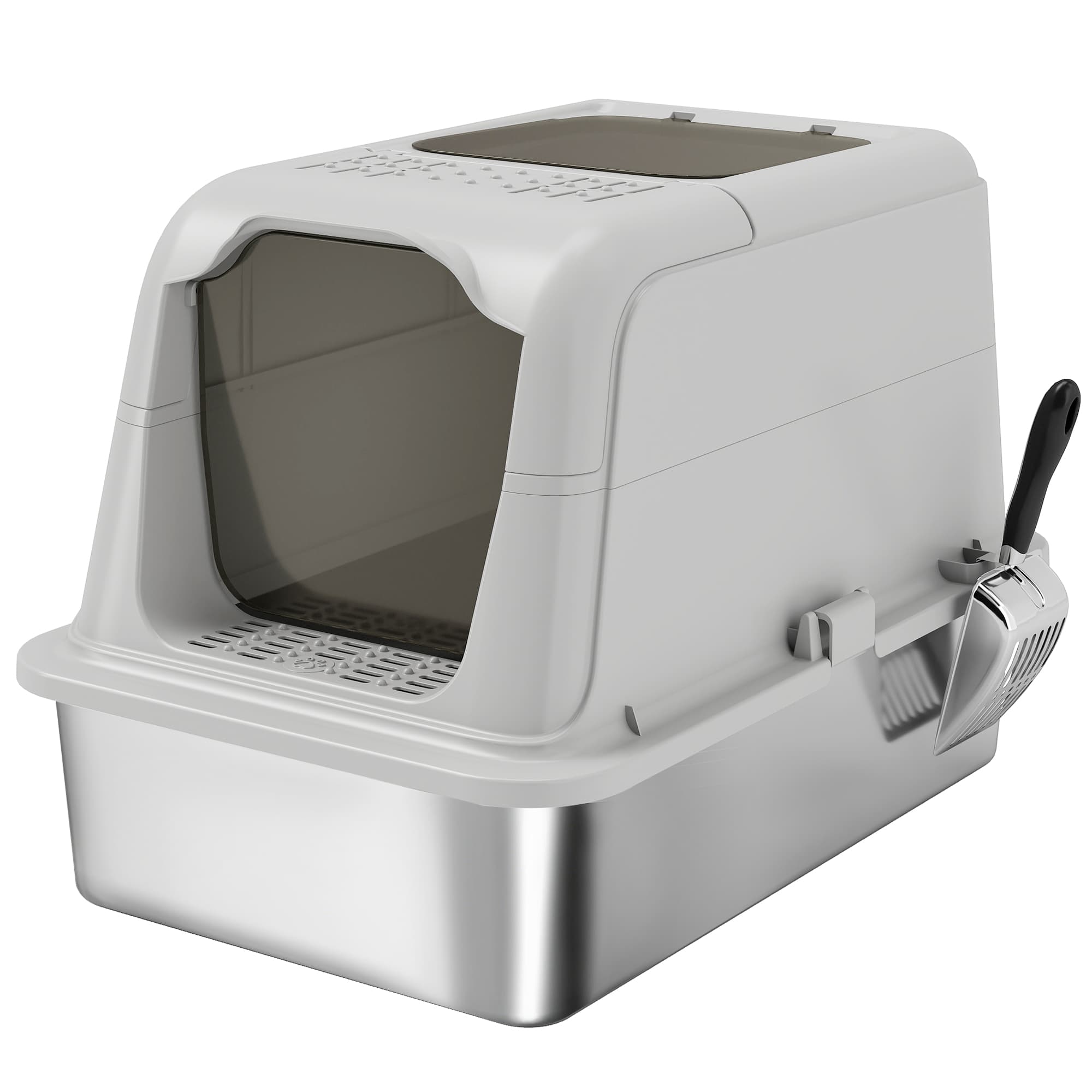 PawHut Maison de Toilette pour Chat Bac à Litière Fermé Bac Acier Inoxydable, Nettoyage Facile, 60,4x40,4x41,8cm, Gris Clair