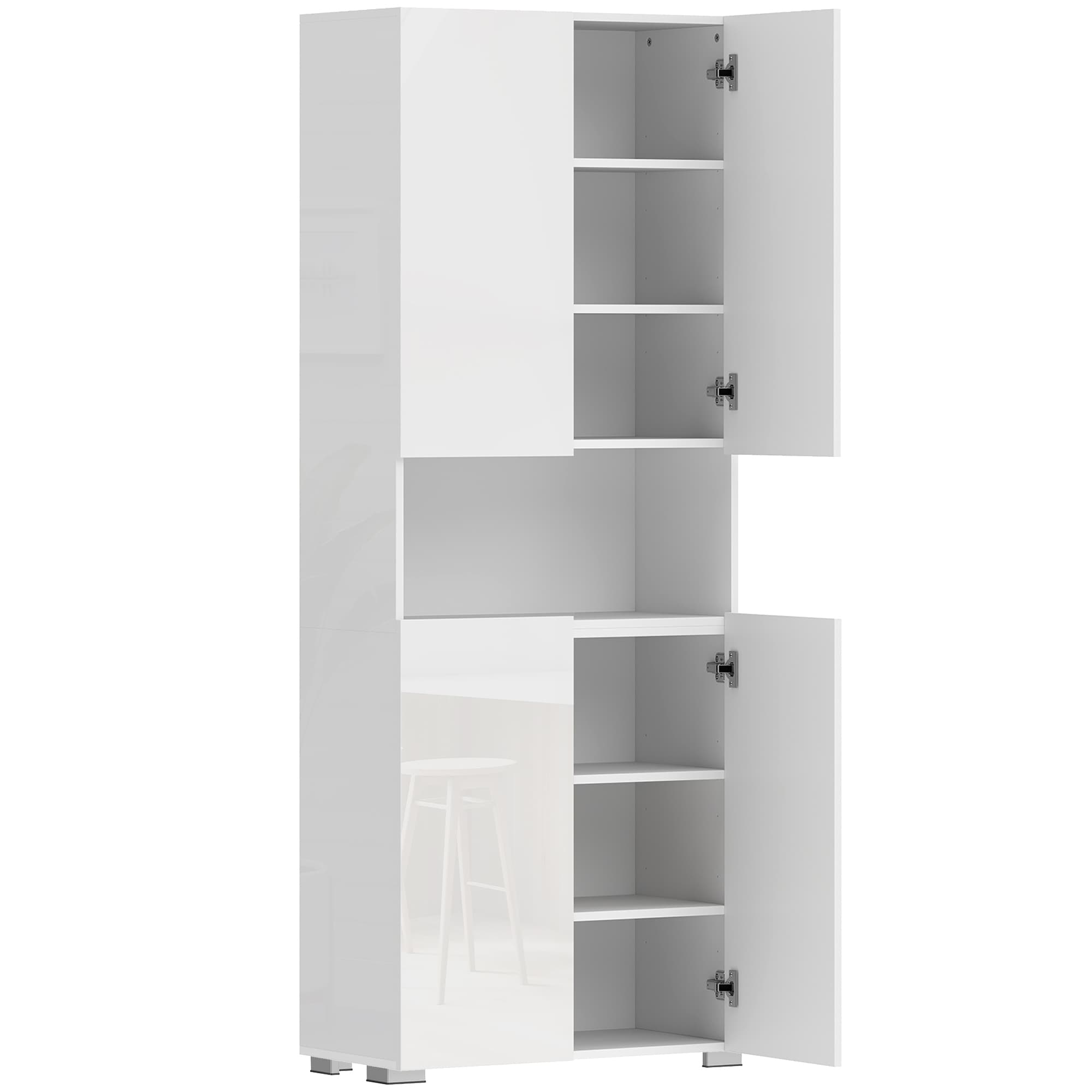 HOMCOM Buffet haut cuisine, armoire de cuisine, 4 portes à fermeture douce et étagères réglables, 68x34x180cm, blanc brillant