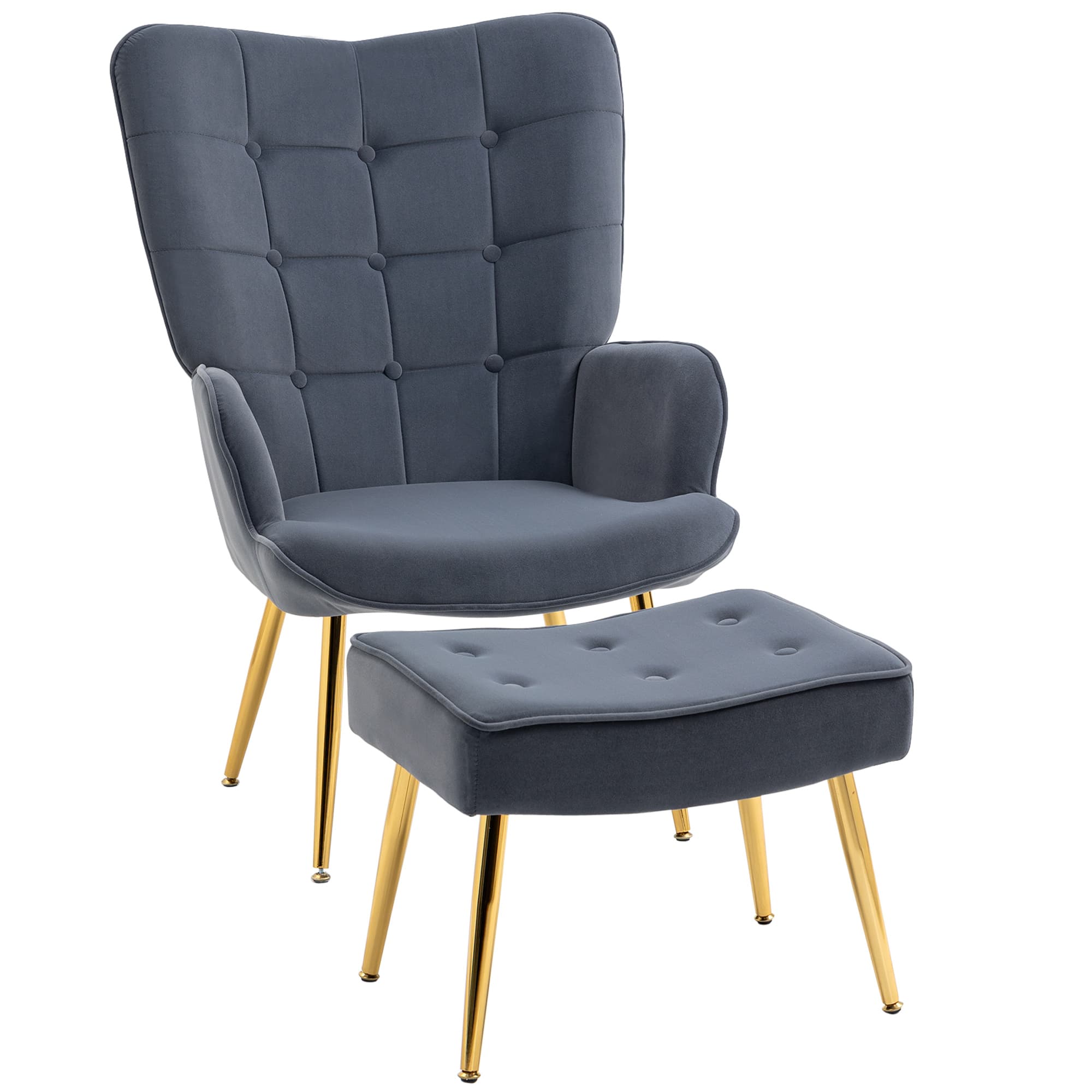 HOMCOM Fauteuil avec repose-pied, fauteuil salon capitonné avec dossier haut, pieds en acier doré et tissu velours, gris foncé