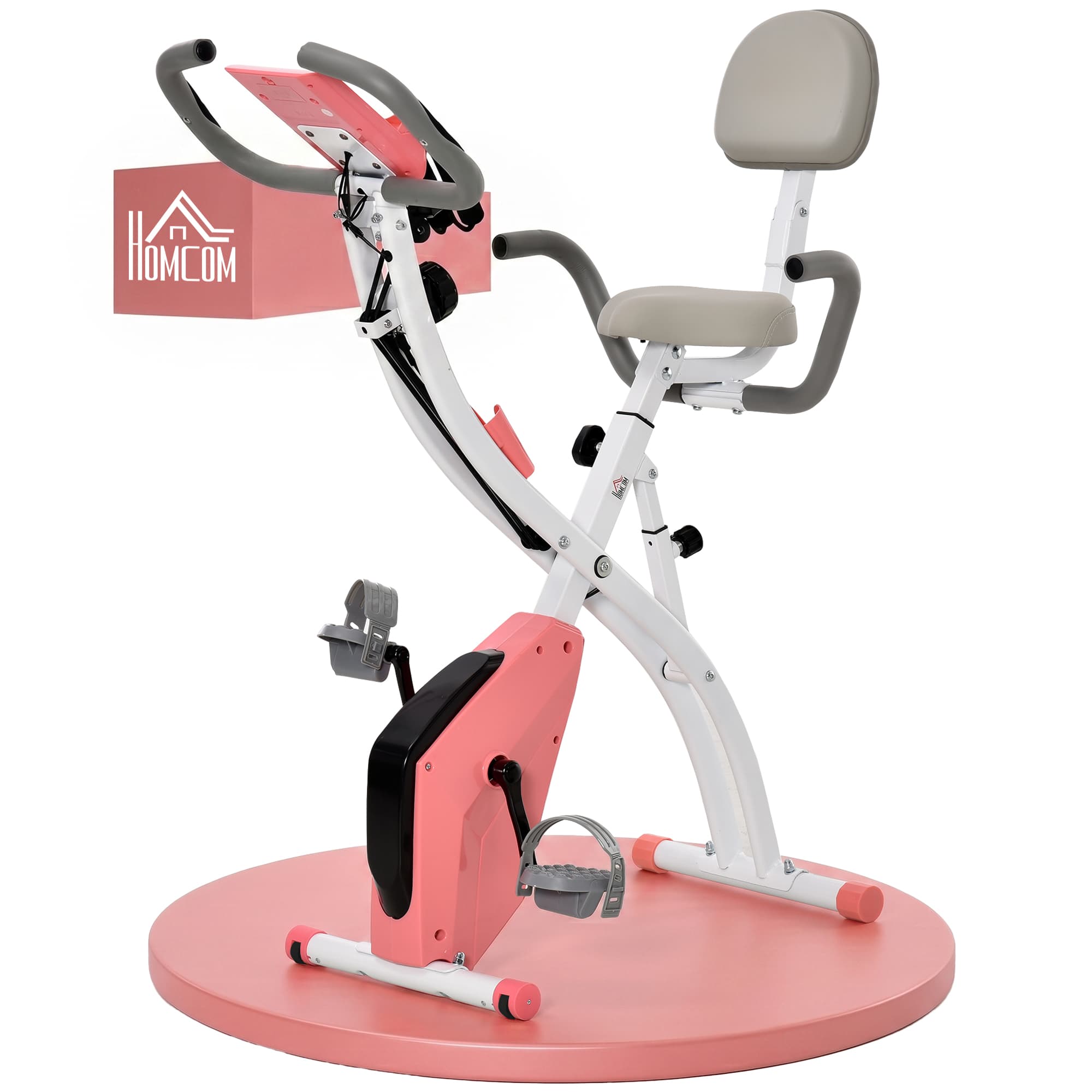 HOMCOM Vélo d'appartement pliant 8 niveaux de résistance écran LCD multifonction suspensions support tablette acier rose blanc