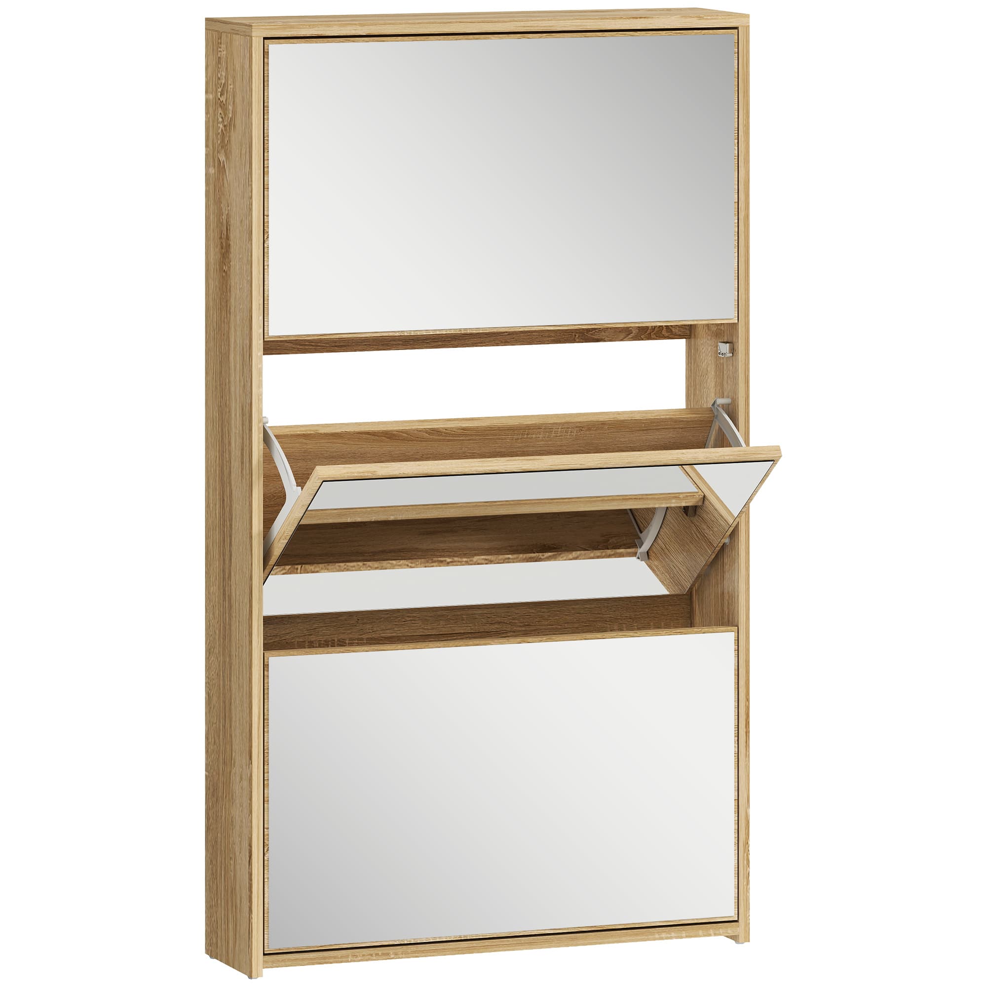 HOMCOM Meuble à chaussures 9 paires, armoire à chaussures étroite, 3 tiroirs rabattables portes miroirs, 65x17x114,5cm naturel